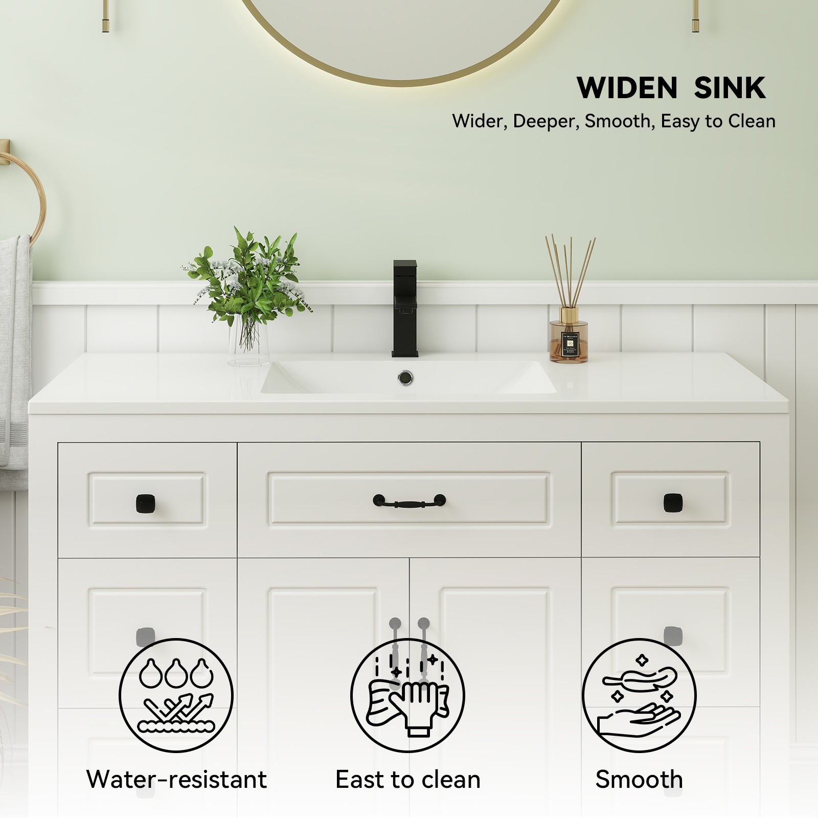 48″ Freestanding Bathroom Vanity Soft-Close 2 Doors 6 Drawers Matte Black Faucet