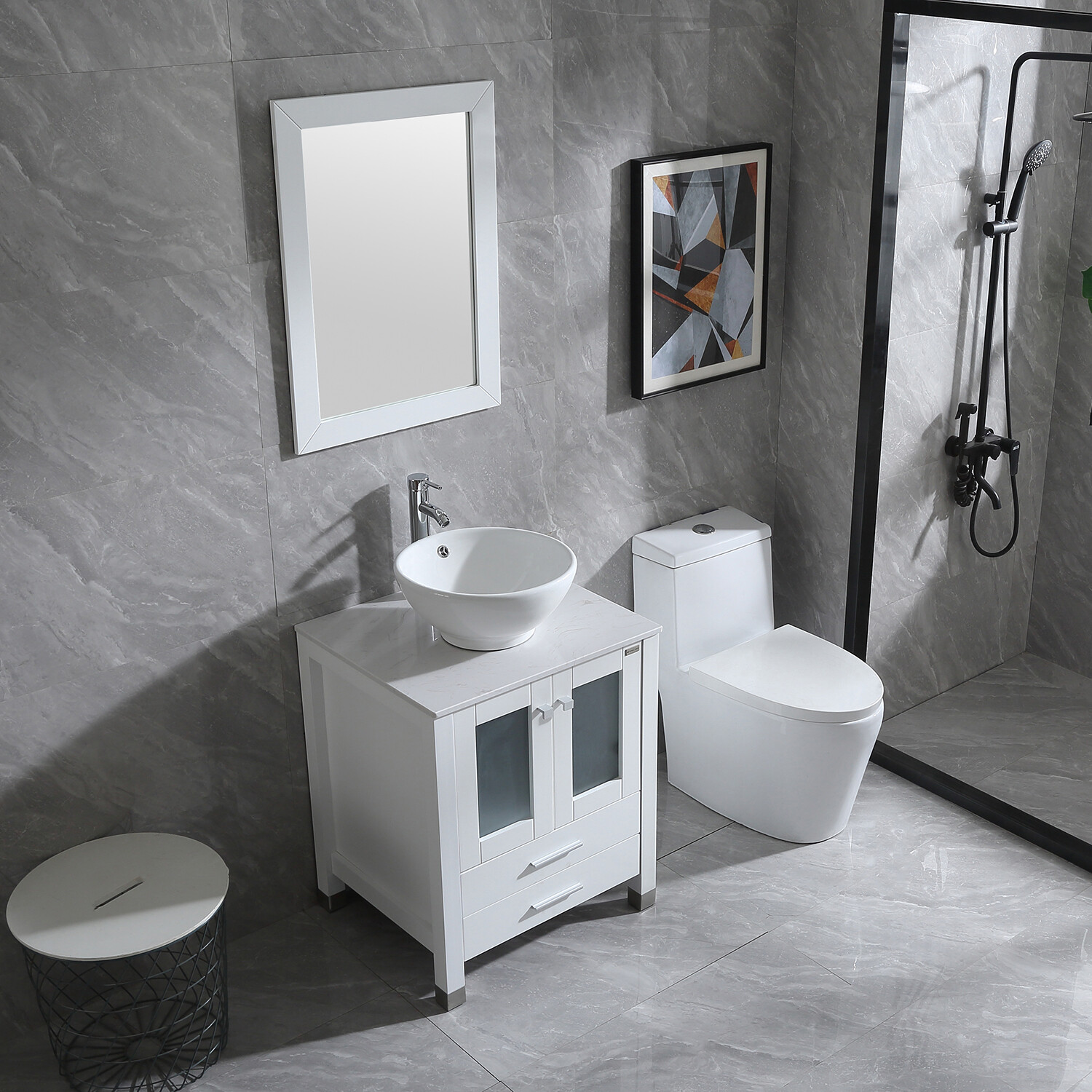 24″ Bathroom Vanity Single Basin Ceramic Sink Set with Faucet Mirror Combo white