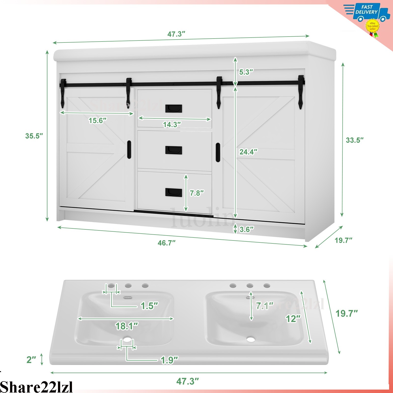 47inch Bathroom Vanity with Ceramic Sink,Bathroom Cabinet w/2 Soft Close Doors