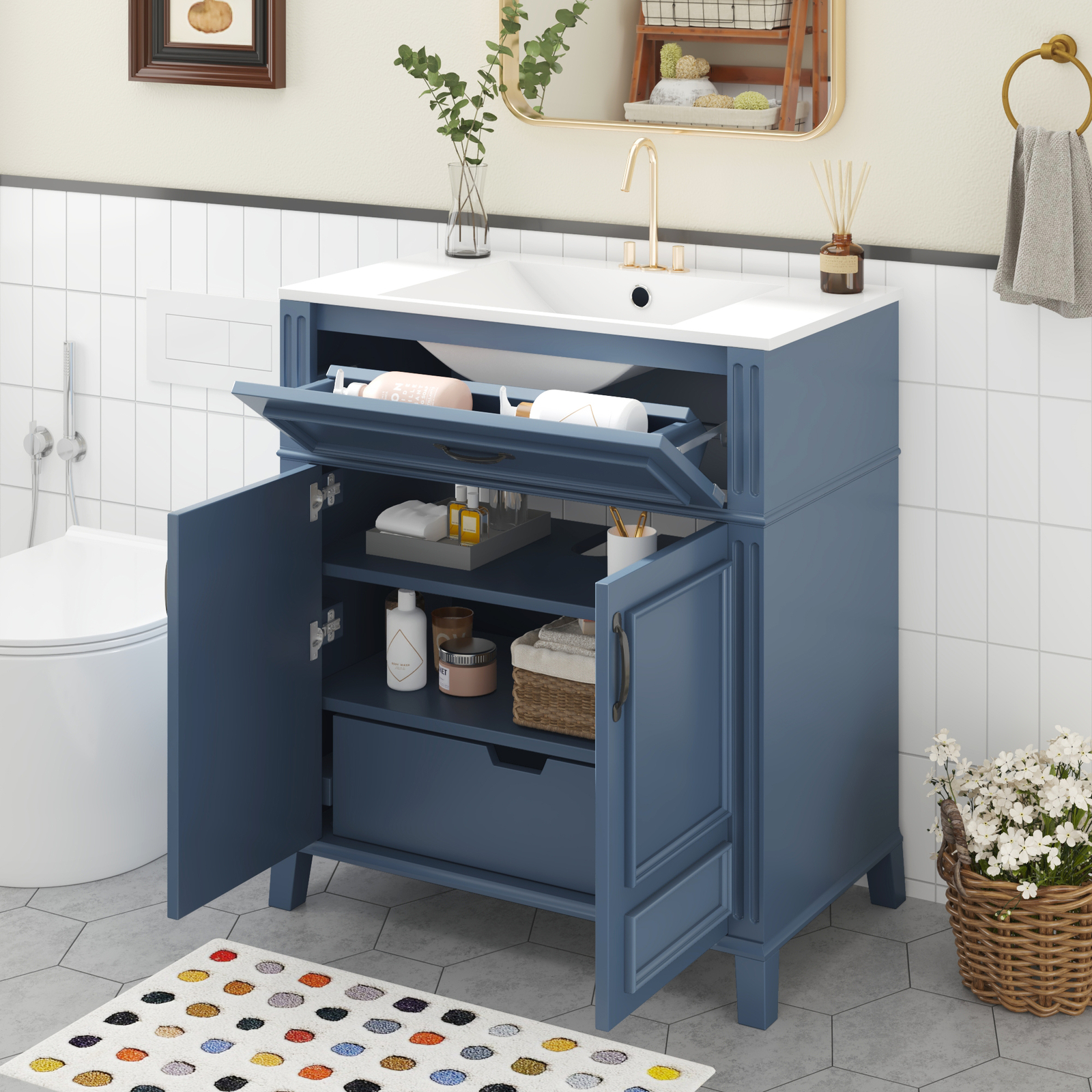 30” Bathroom Vanity with Ceramic Sink,Solid Wood Frame Bathroom Storage Cabinet