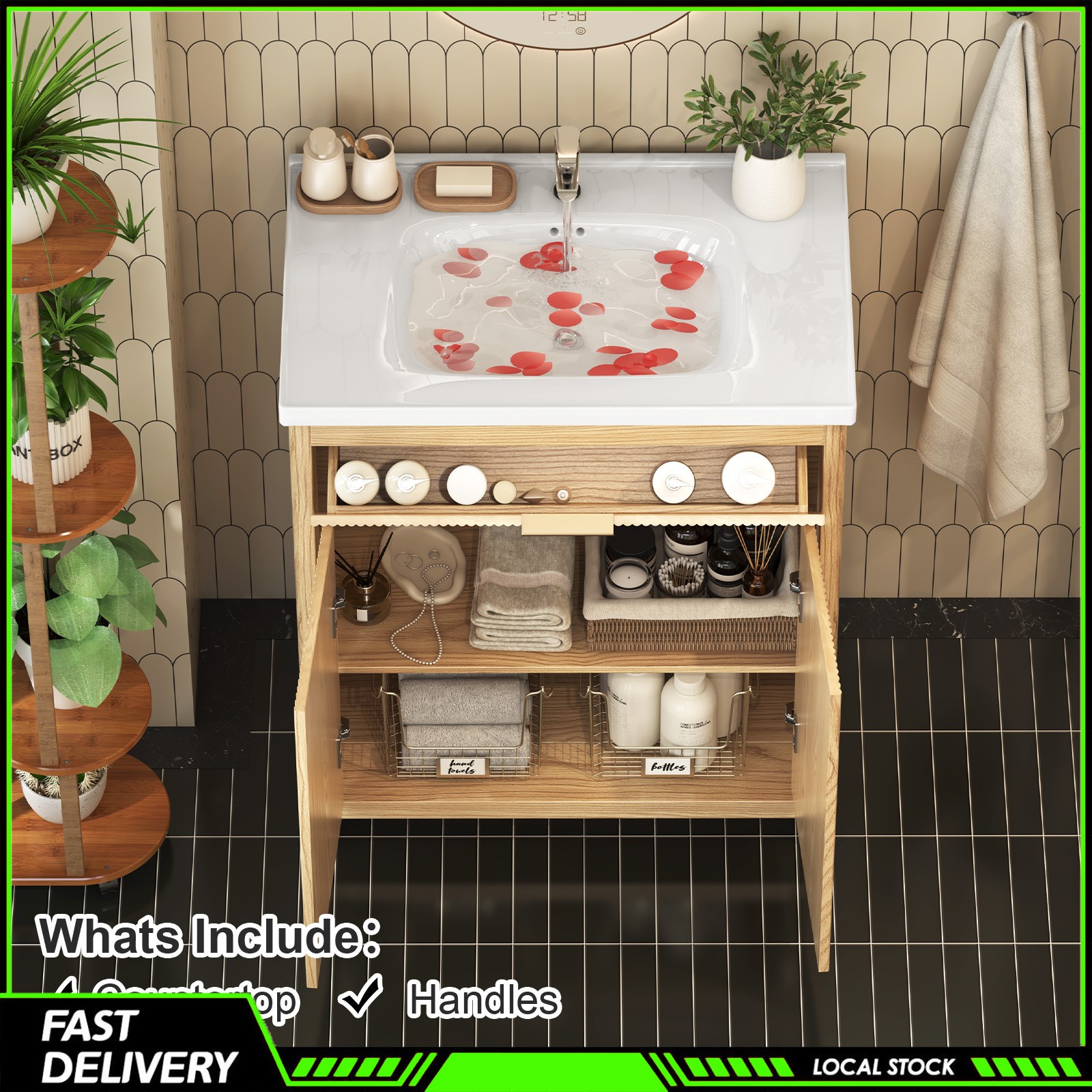 31″ Bathroom Vanity with Ceramic Sink, Modern Storage Cabinet w/ Doors & Drawers