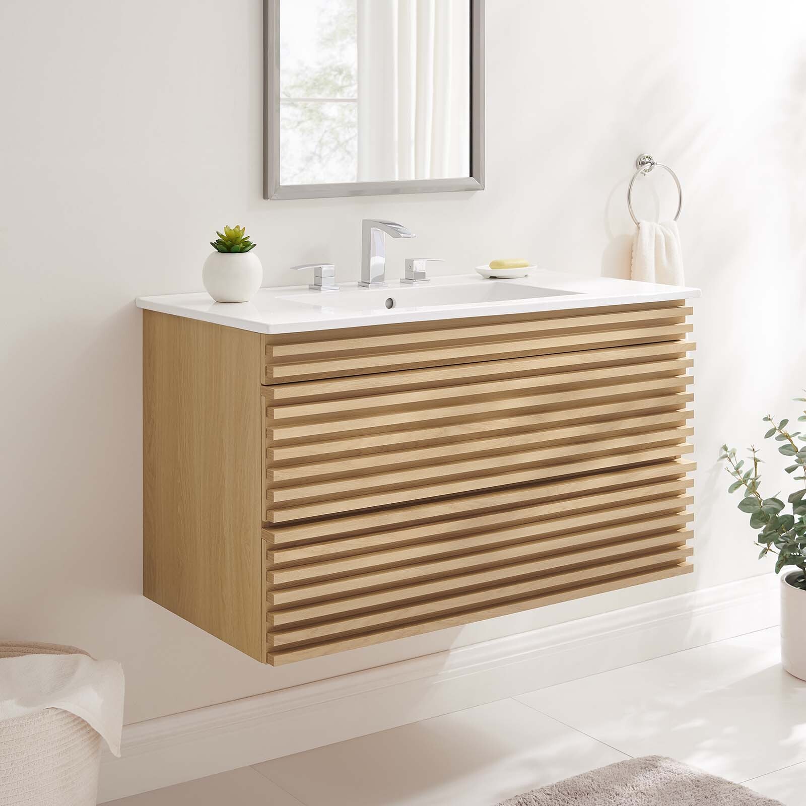 Modway Render 36″ Wall-Mount Bathroom Vanity in Oak White