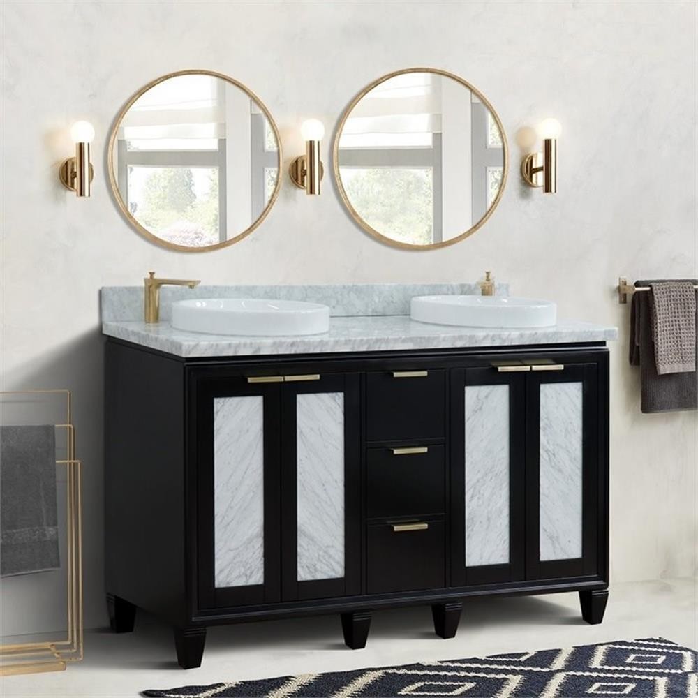 Pemberly Row 61″ Double Round Sink Solid Wood Vanity in Blue/White Carrara