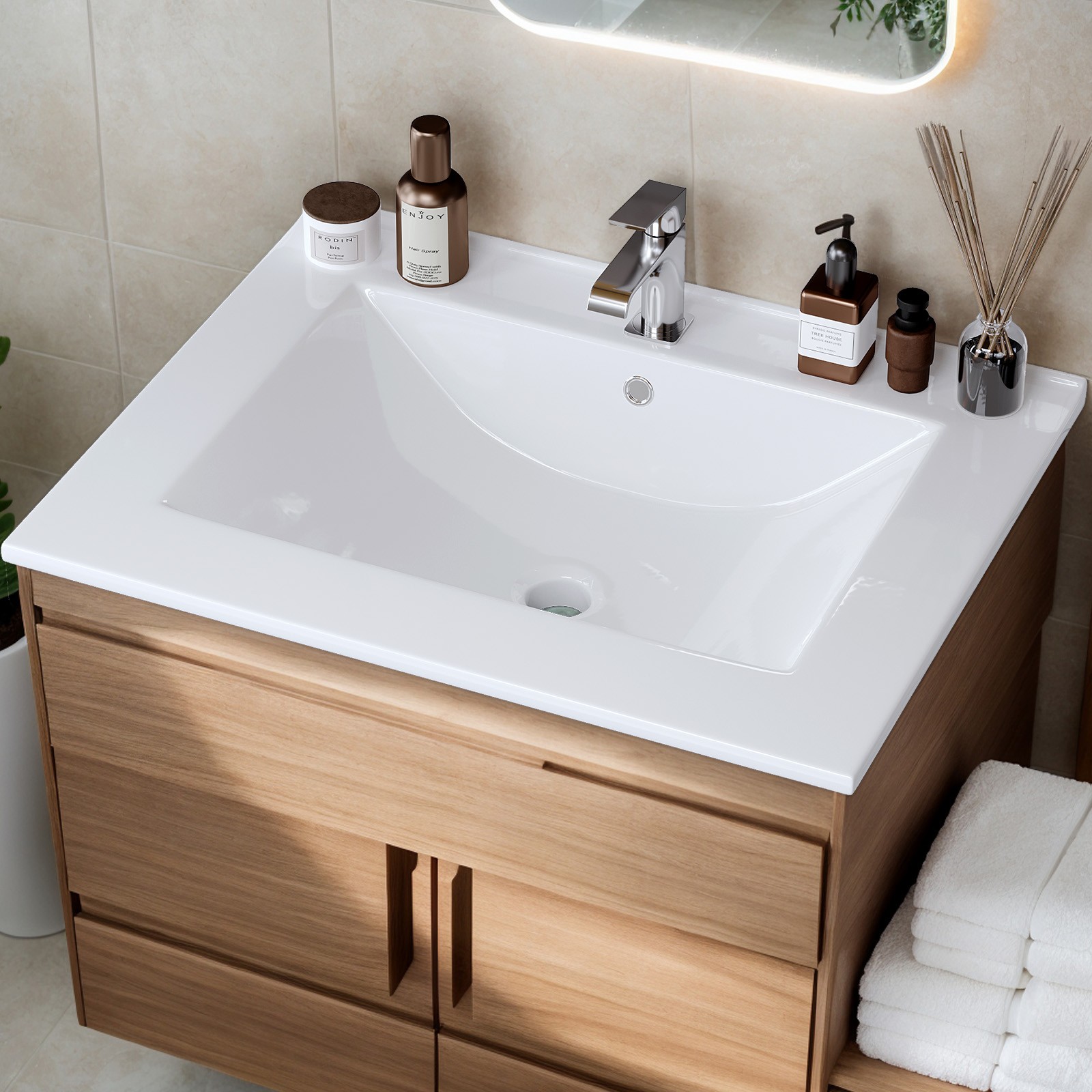 24″ White Ceramic Vanity Top, Single Hole Rectangular Sink Basin w/ Faucet Hole