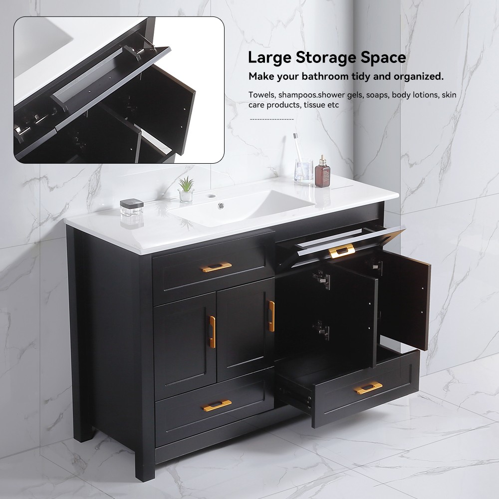 48 Inch Black Bathroom Vanity with Resin Sink Combo, Storage Cabinet