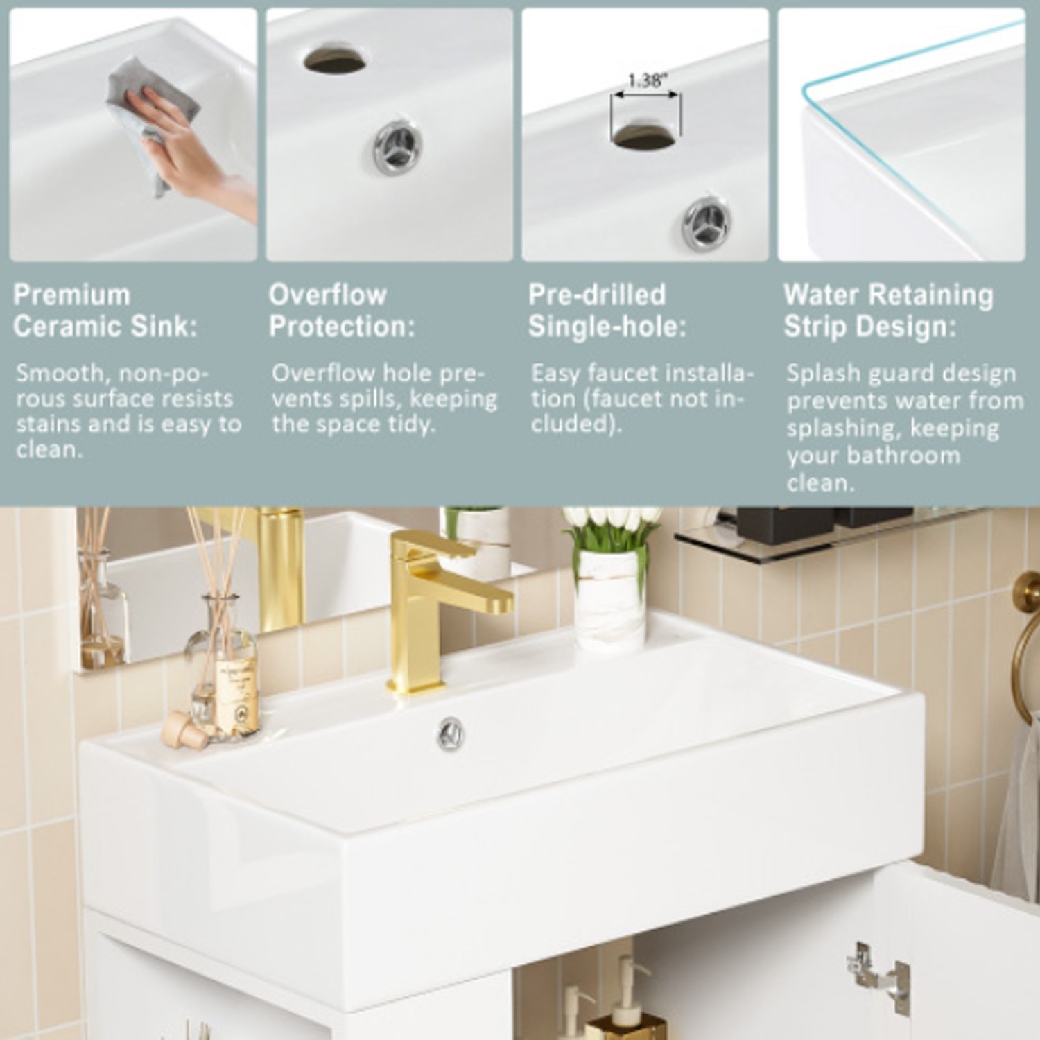 21.6 inch Large Storage Bathroom Sink High-Quality Sink Vanity in White Finish