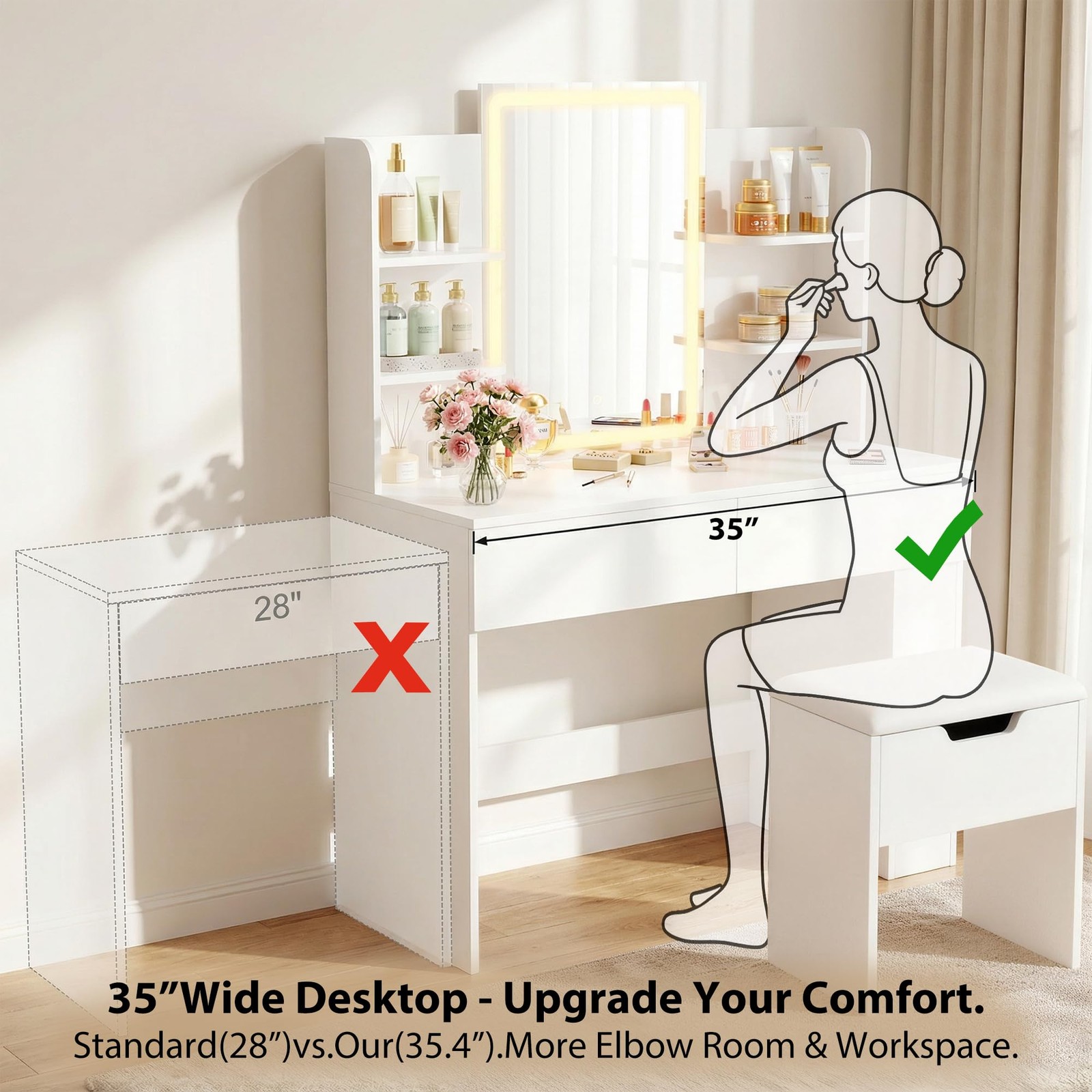 3 Color Dimmable LED Vanity Desk with Mirror 2 Drawers Storage Bench White