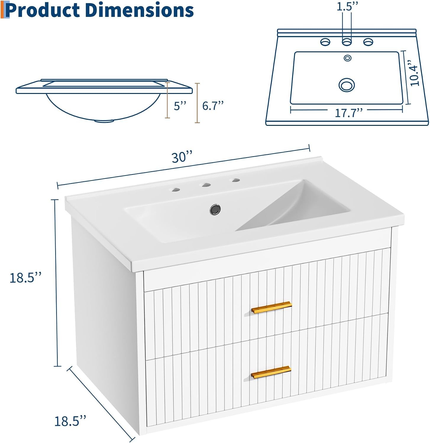 Floating Bathroom Vanity with Drawers, Wall Mounted Bathroom Vanity Sink Combo
