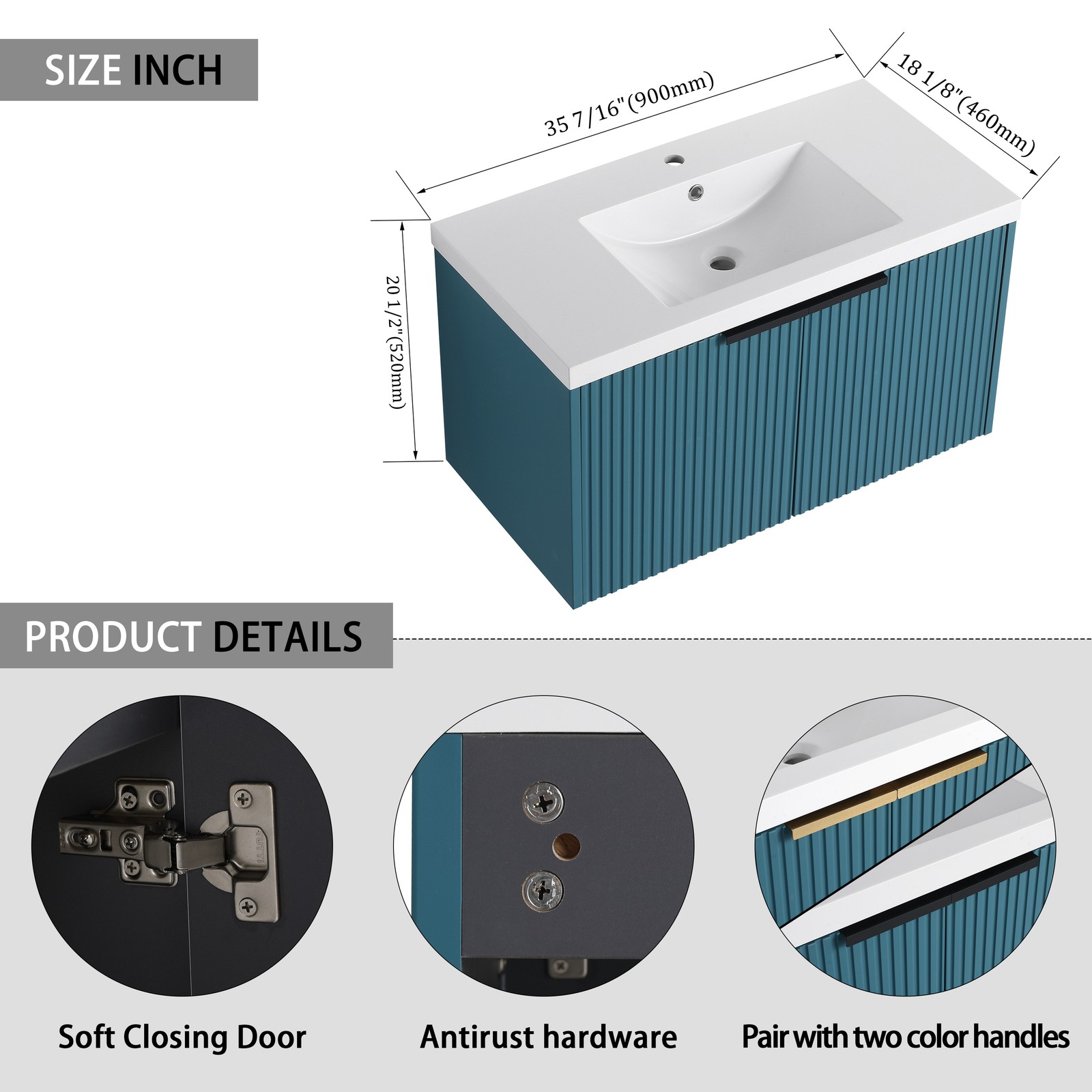 36 Inch Wall Mounted Bathroom Vanity with Resin Sink & Soft-Close Doors