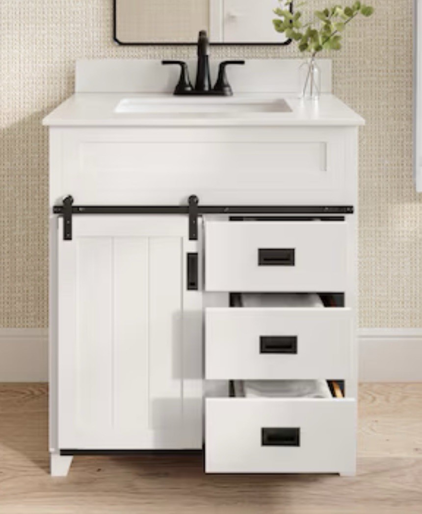 Style Selections Morrison 30-in BR Vanity White Marble Top Barn Door #5430865
