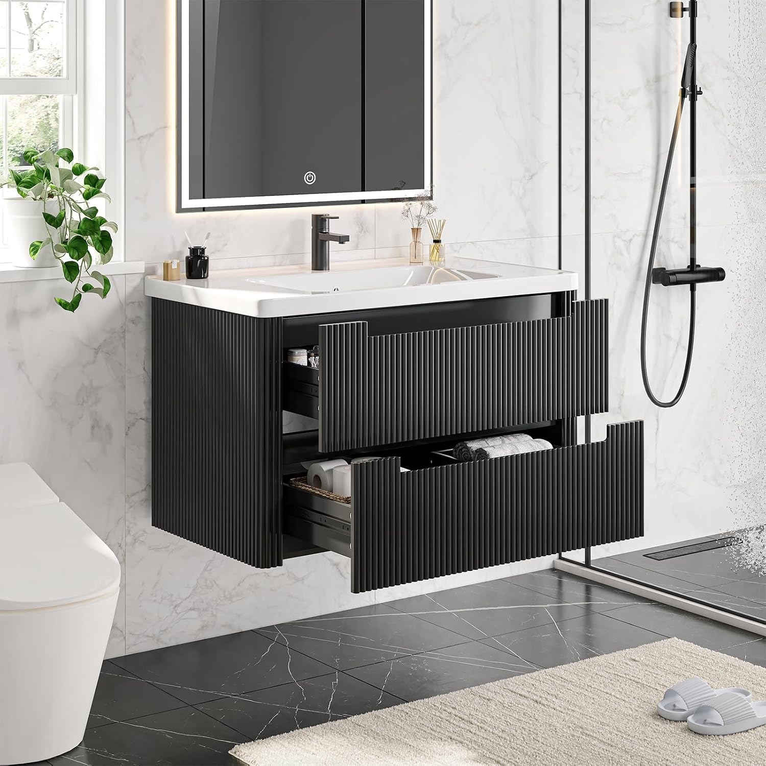 Modern Bathroom Vanity W/ Sink Combo Curved Floating Bath Vanity W/ 2 Drawers