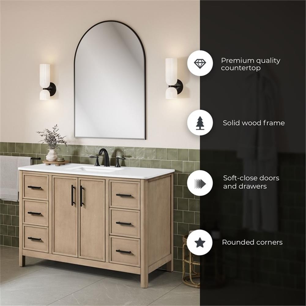 Pemberly Row 48″ Bathroom Vanity in Sahara Birch with White Countertop