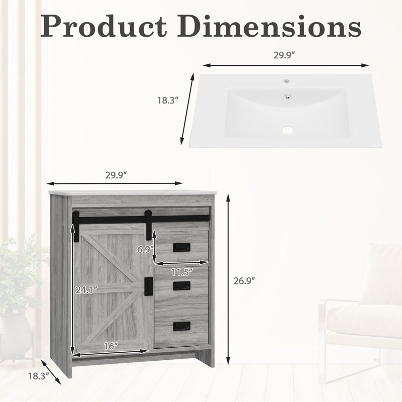 HOMMOW Farmhouse Single Bathroom Vanity with Top,Sliding Barn Door Sink Vanity