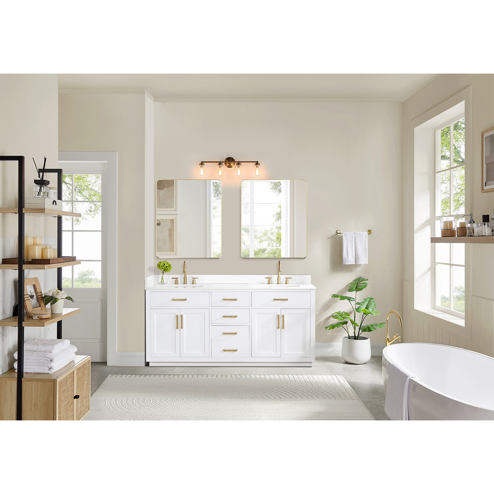 Gavino 72″ Wood Vanity in White with Grain White Composite Stone Top no Mirror
