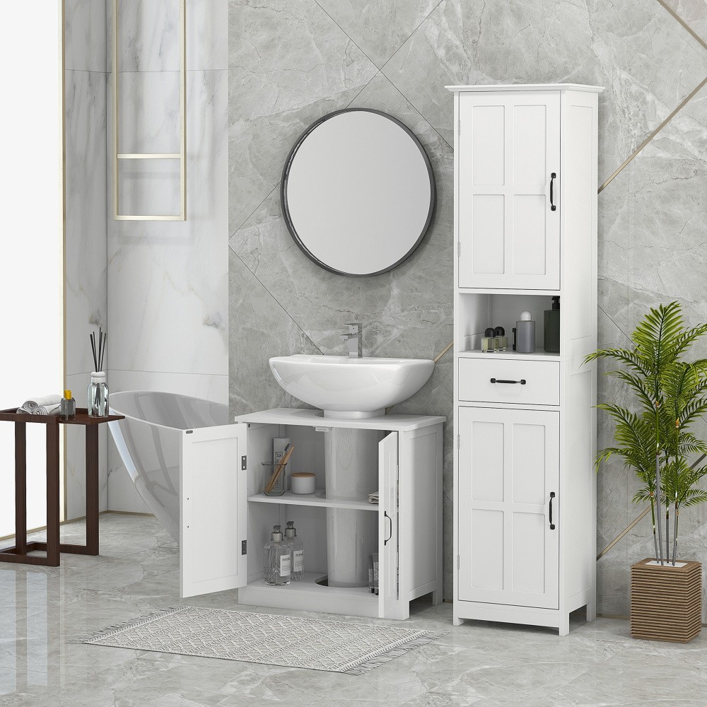 Pedestal Bathroom Storage Cabinet White Adjustable Shelf Under Sink Organizer