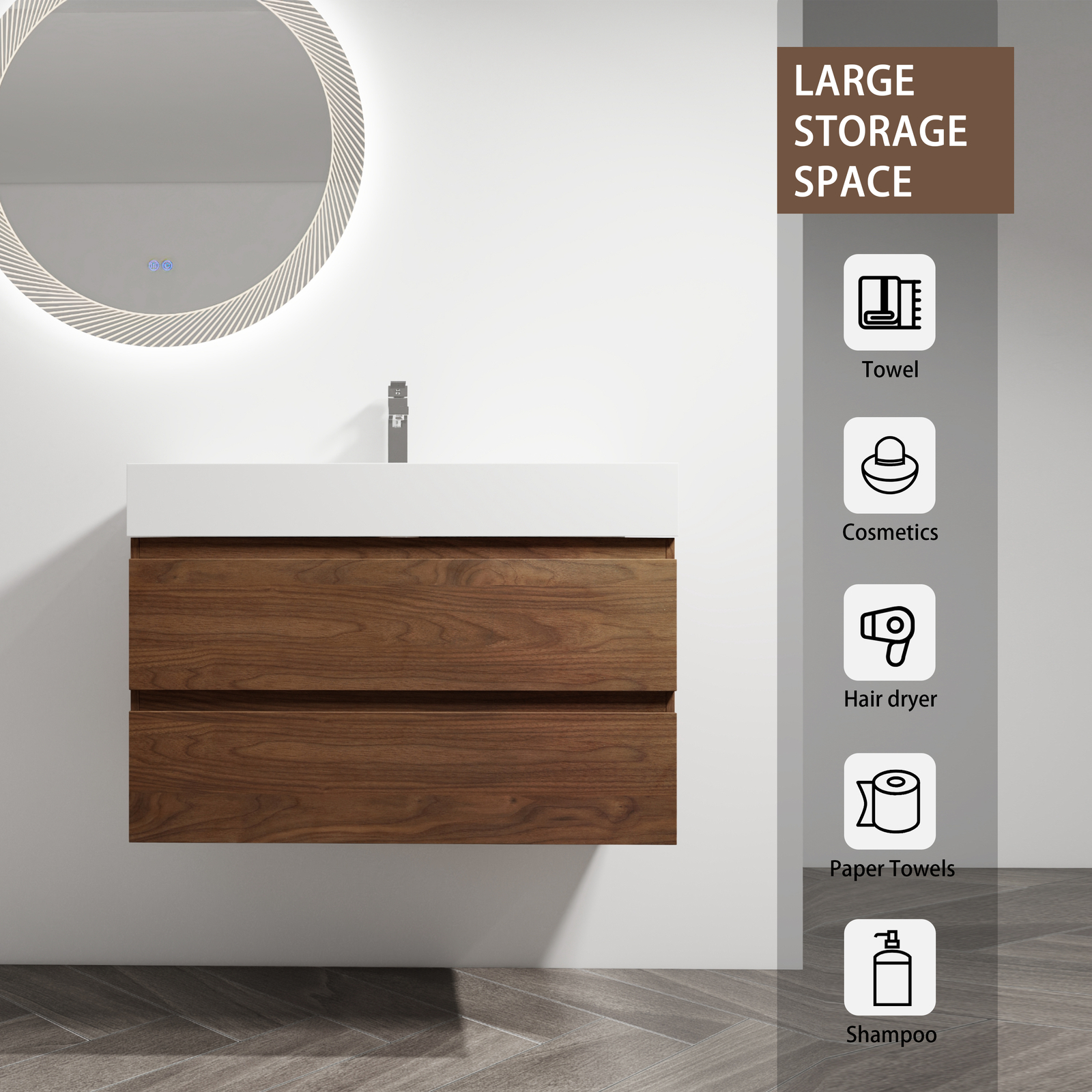 36 inch Bathroom Vanity Wall Mounted W/ Undermount Resin Sink + 2 Drawers Brown