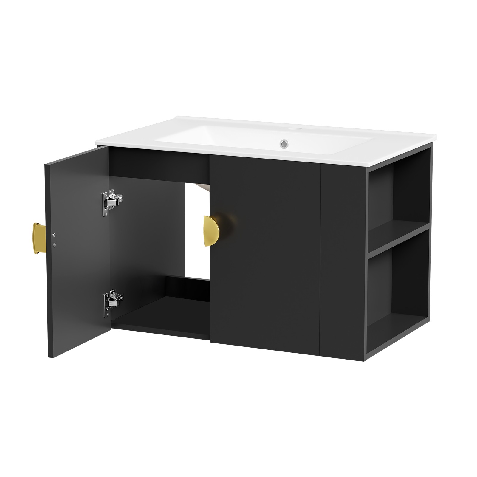 30″ Blcak Wall Mounted Bathroom Vanity Cabinet with Ceramic Sink & 2 Doors