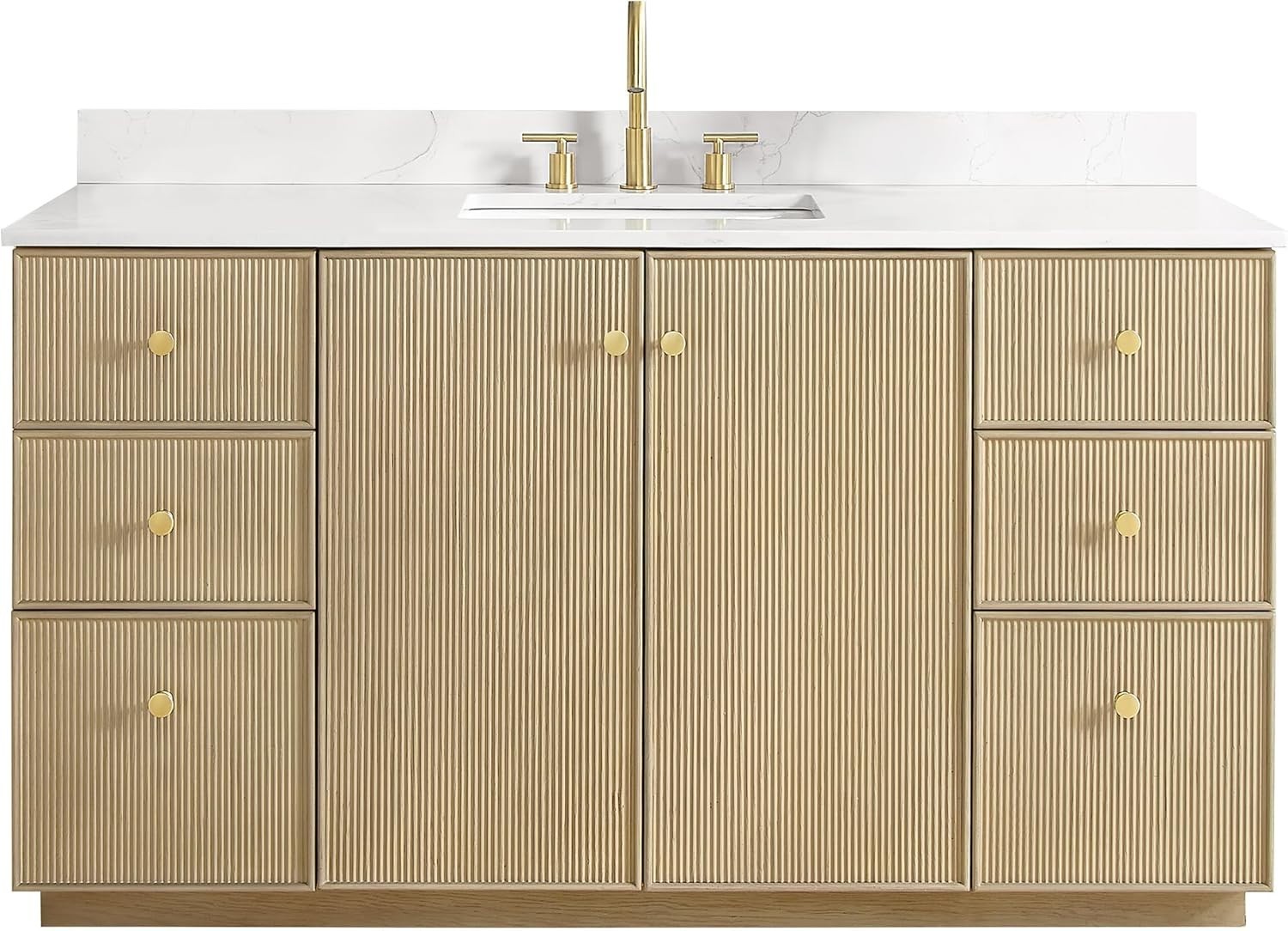 VINNOVA Oza 60″ Single Bath Vanity in Aged Natural Oak with Fish Maw White Quart