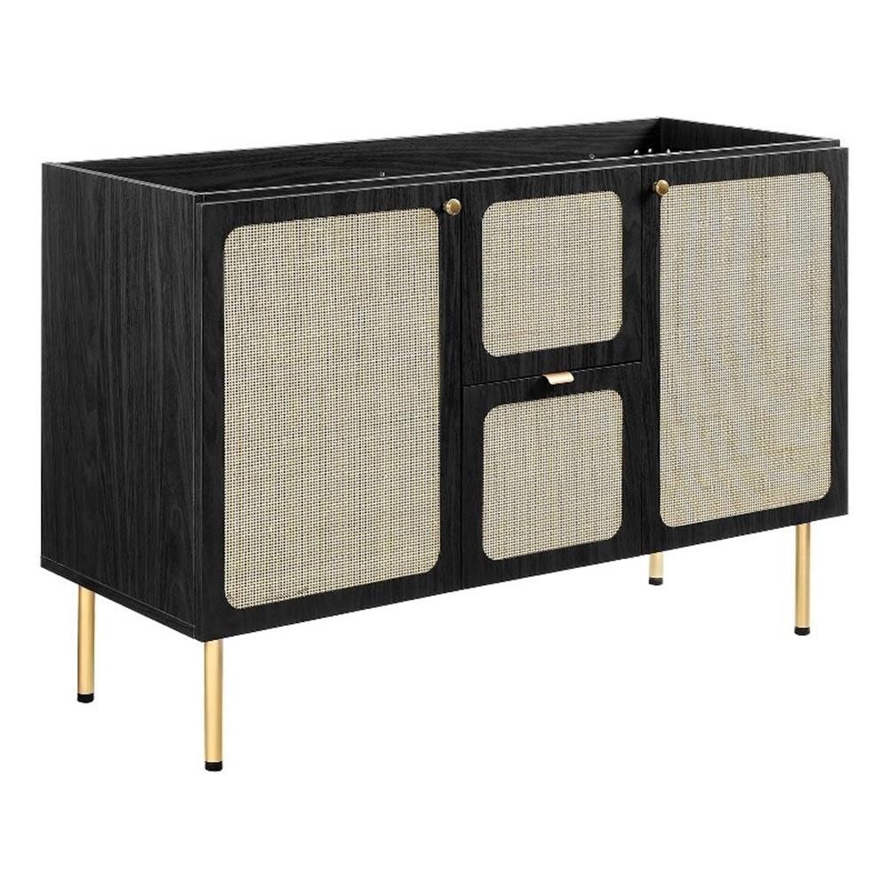 Pemberly Row 48″ Wood & Rattan Bathroom Vanity Cabinet in Black