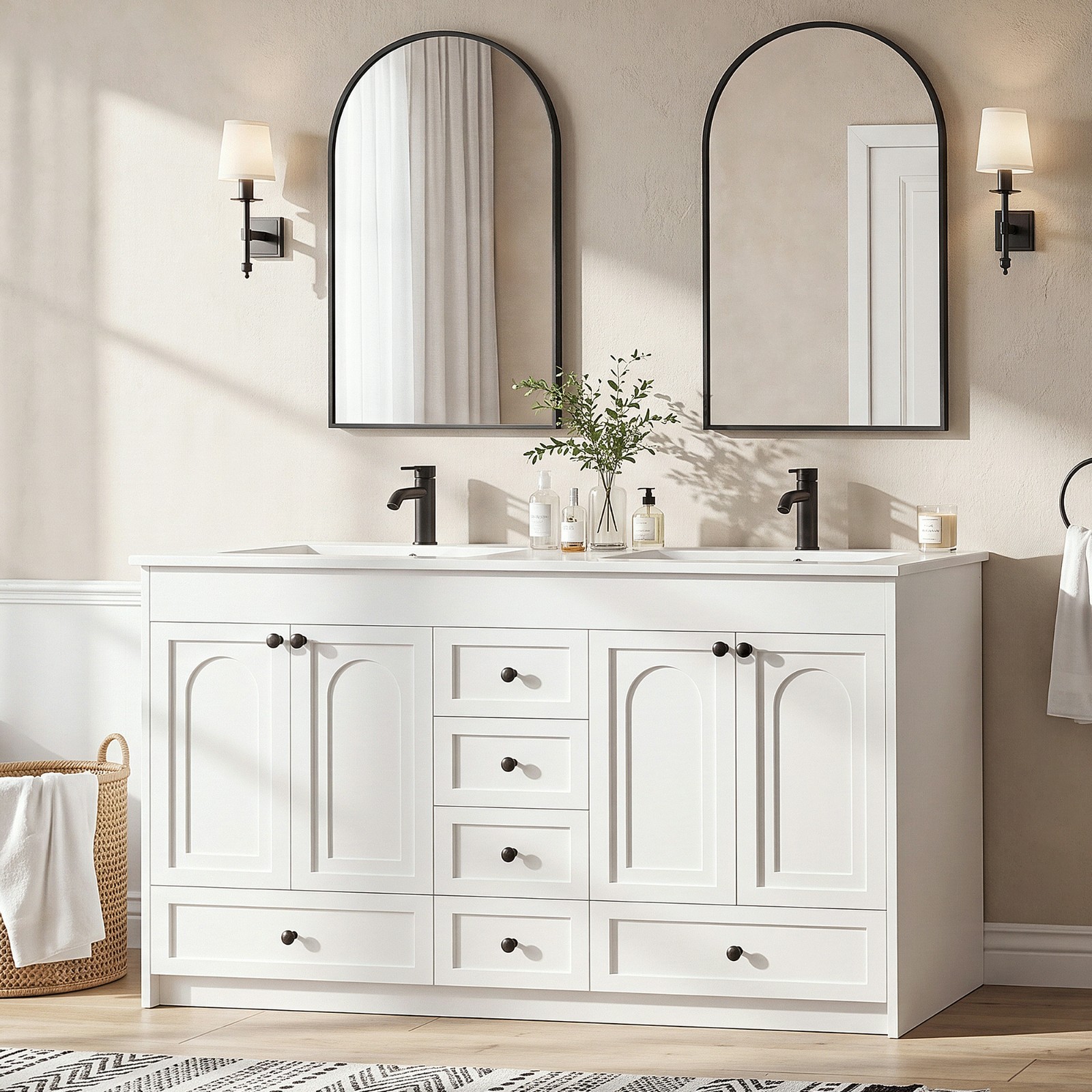 48” Bathroom Vanity Cabinet with Double Sink Ceramic Basin Vanity Freestanding