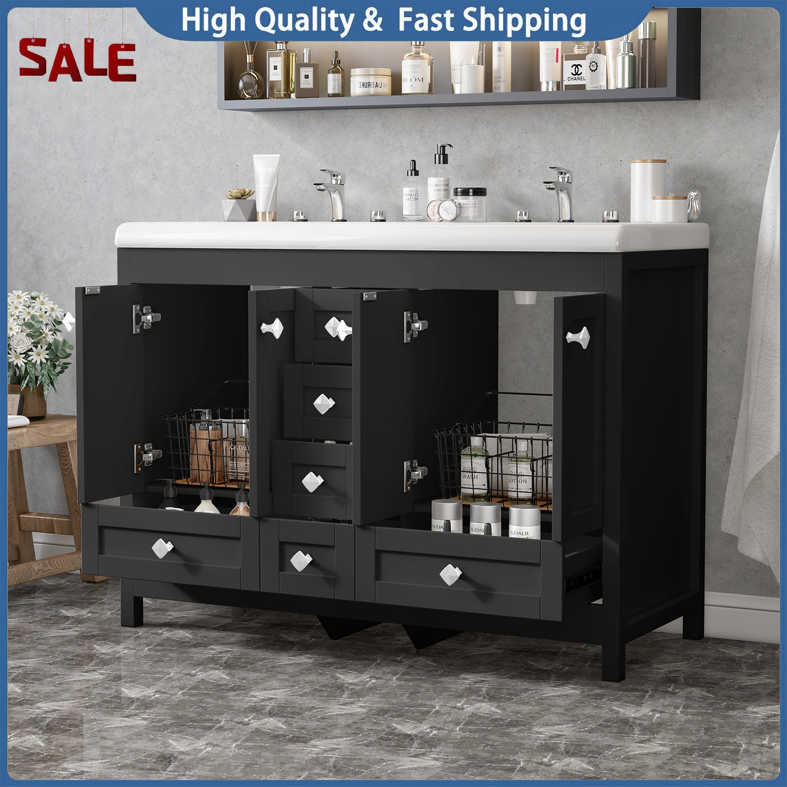 Bathroom Vanity Freestanding Double Basin Ceramic Sink Vanity Cabinet w/ Drawers