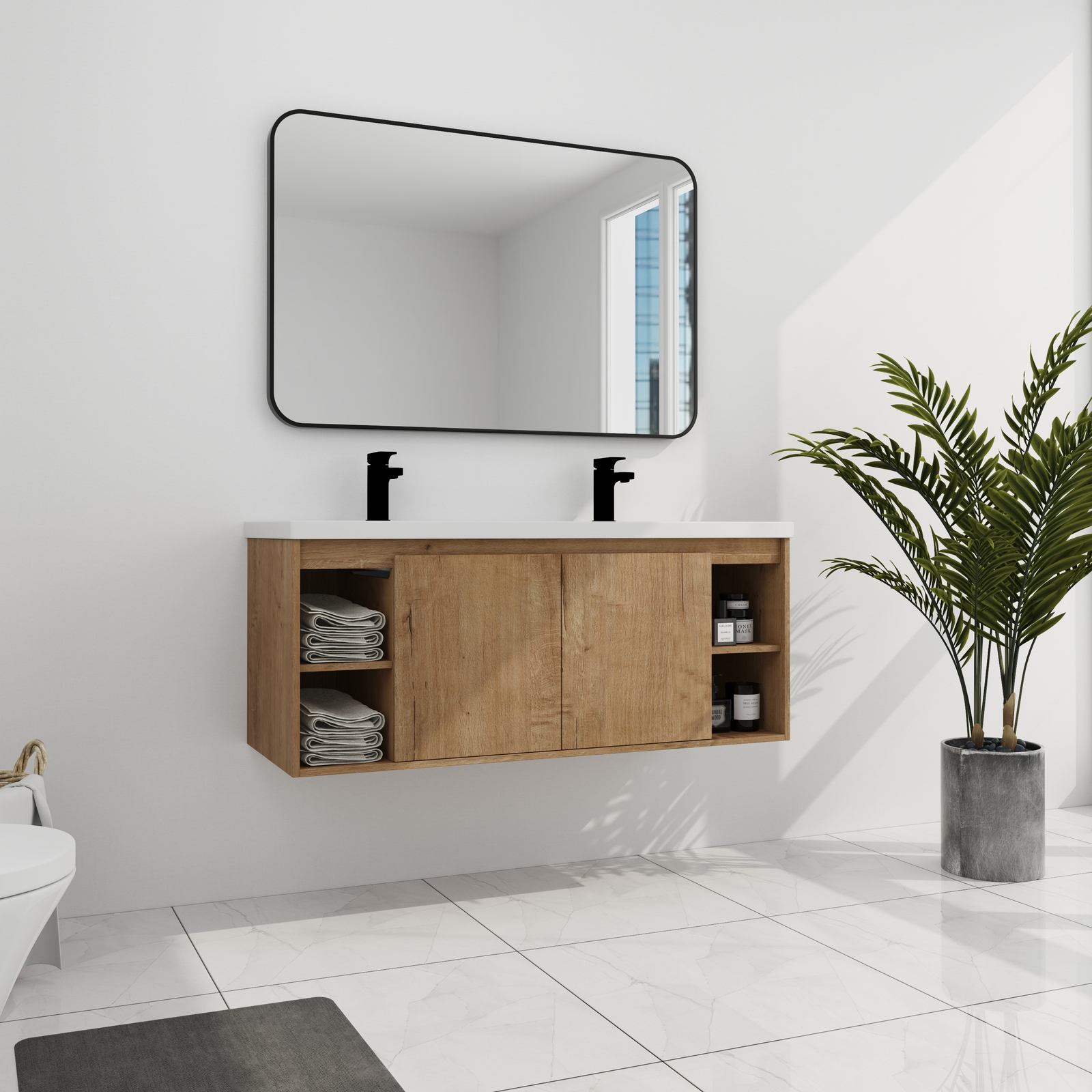 48inch Wood Wall Mounted Foating Bathroom Vanity W/ Double Sink +Shelf and Doors