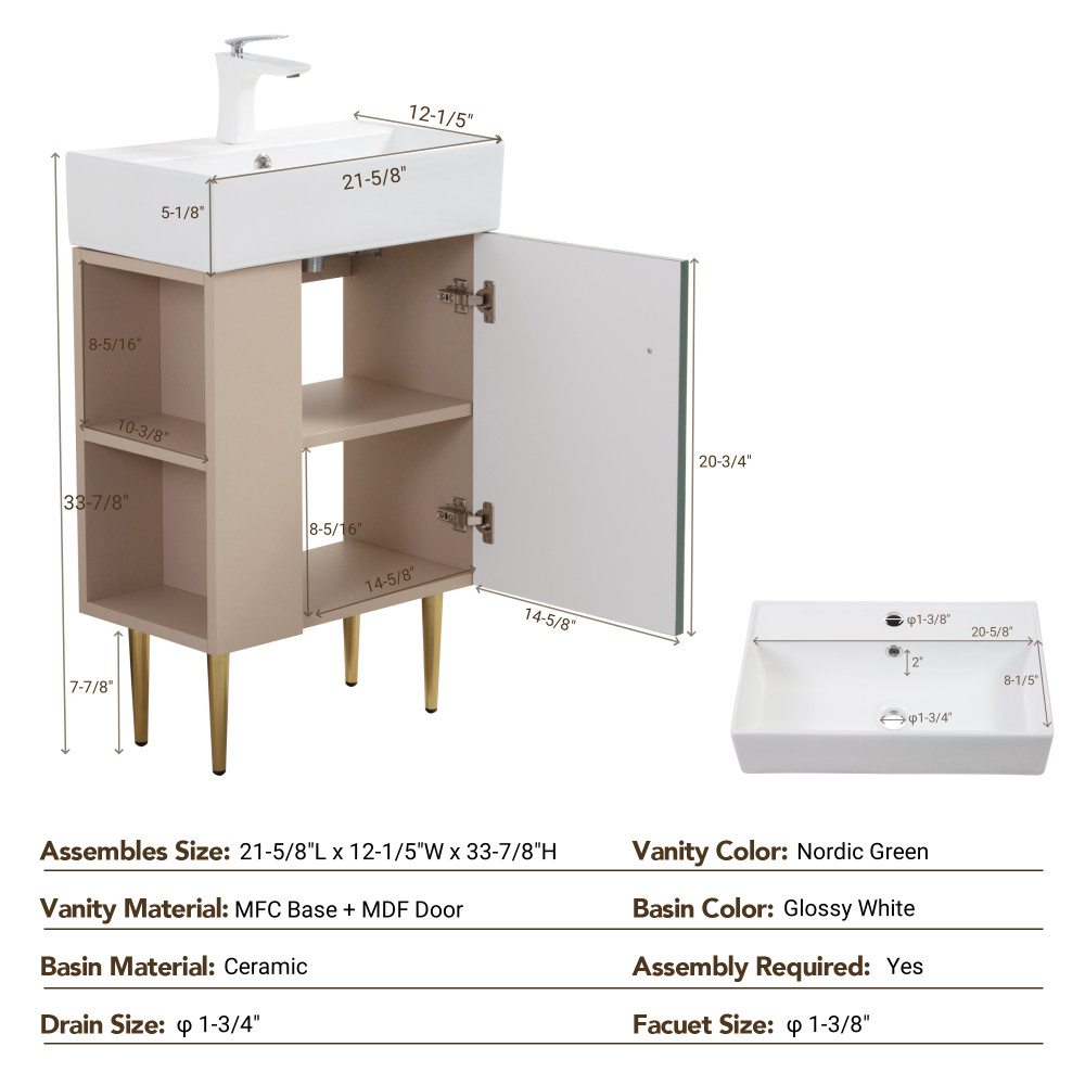 21.6″ Bathroom Vanity w/ Ceramic Sink, Soft-Close Door & Open Shelving, Green