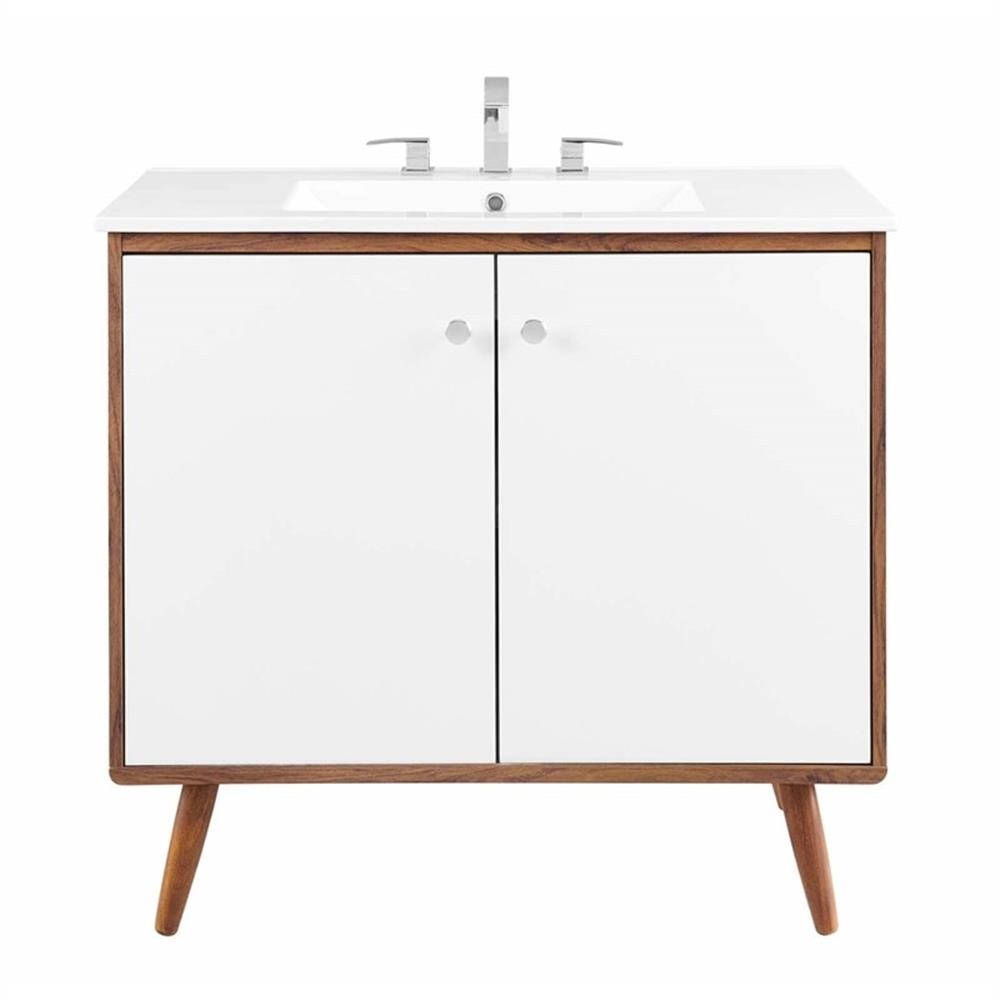 Pemberly Row 36″ Modern Wood and Ceramic Bathroom Vanity in Walnut/White