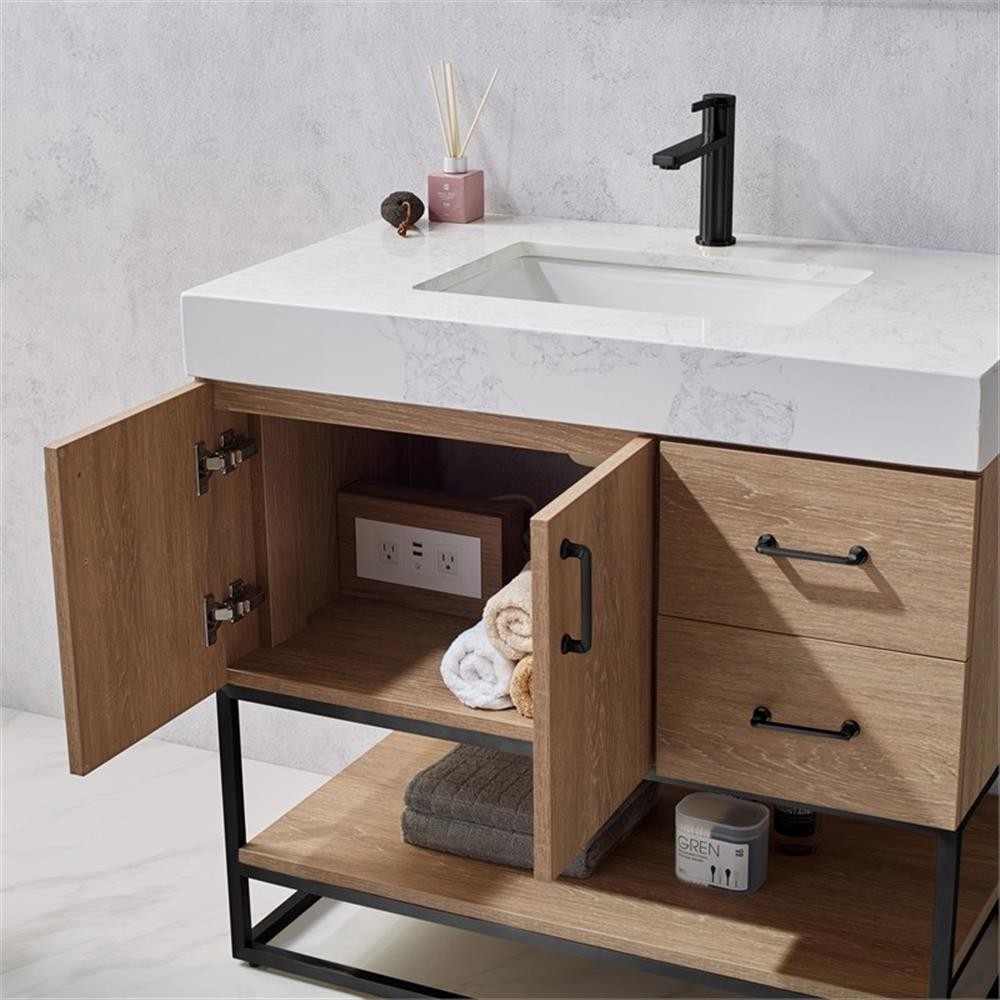 Pemberly Row 36″ White Stone Top Oak Single Vanity Black Frame w/o Mirror