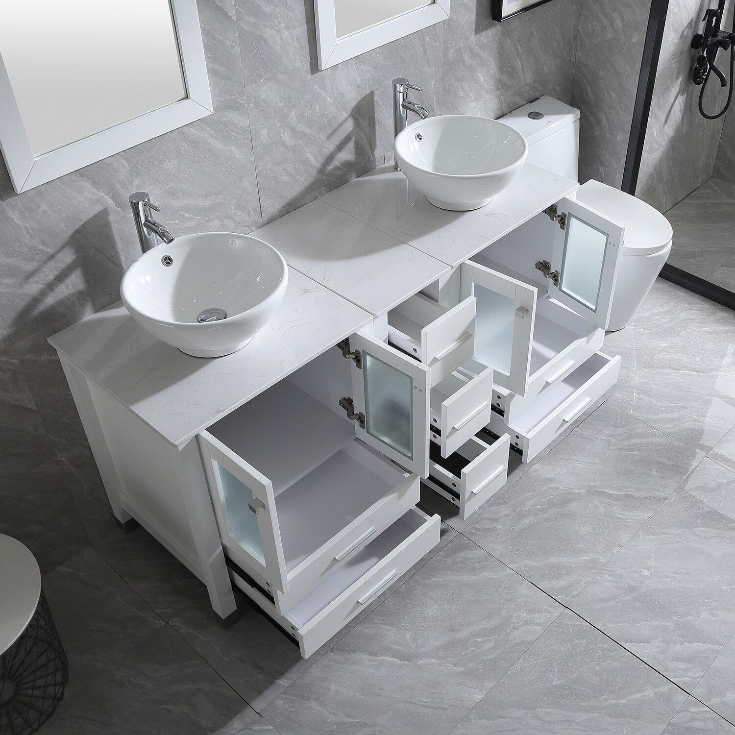 60″ Bathroom Vanities White Drawer Cabinet Ceramic Vessel Sinks w/ Faucet Combo