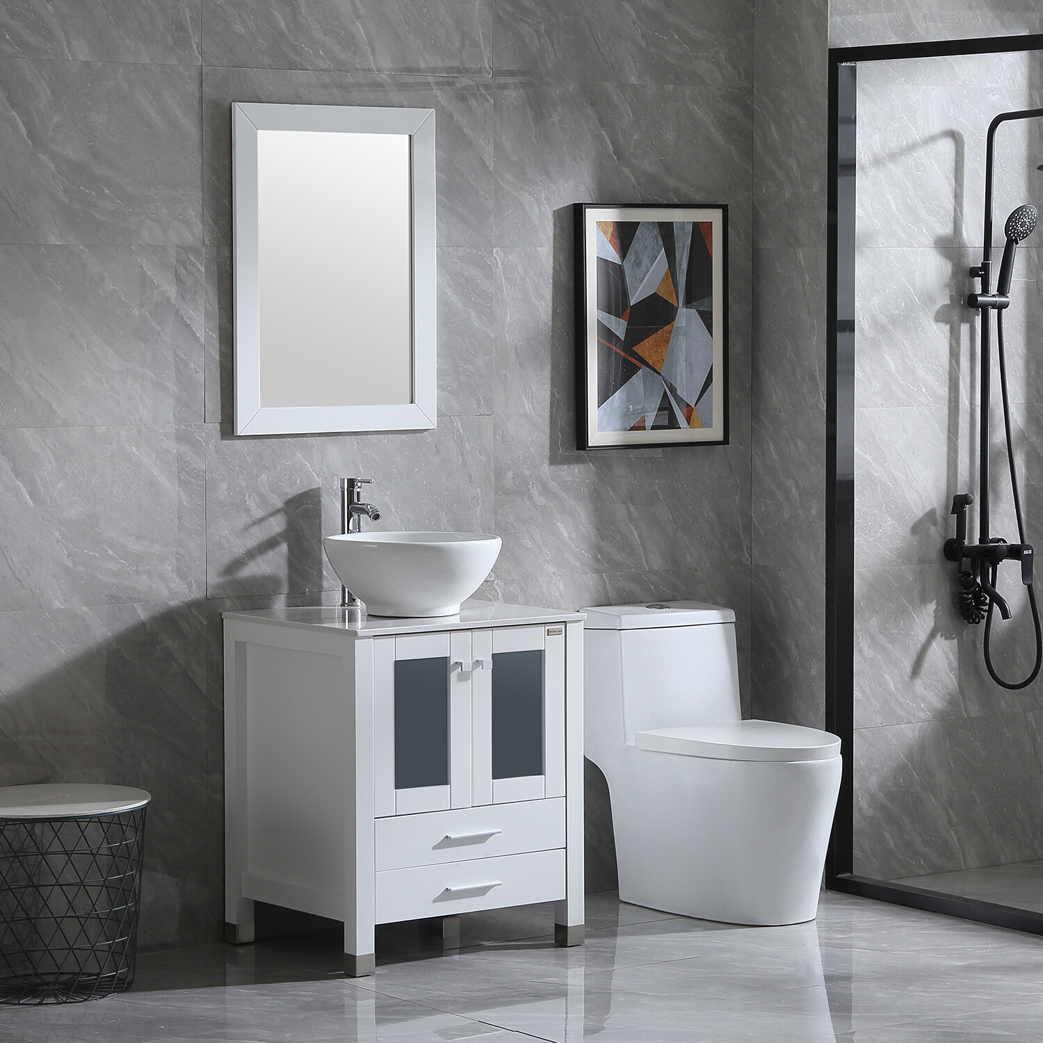 24″ Bathroom Vanity Single Basin Ceramic Sink Set with Faucet Mirror Combo white
