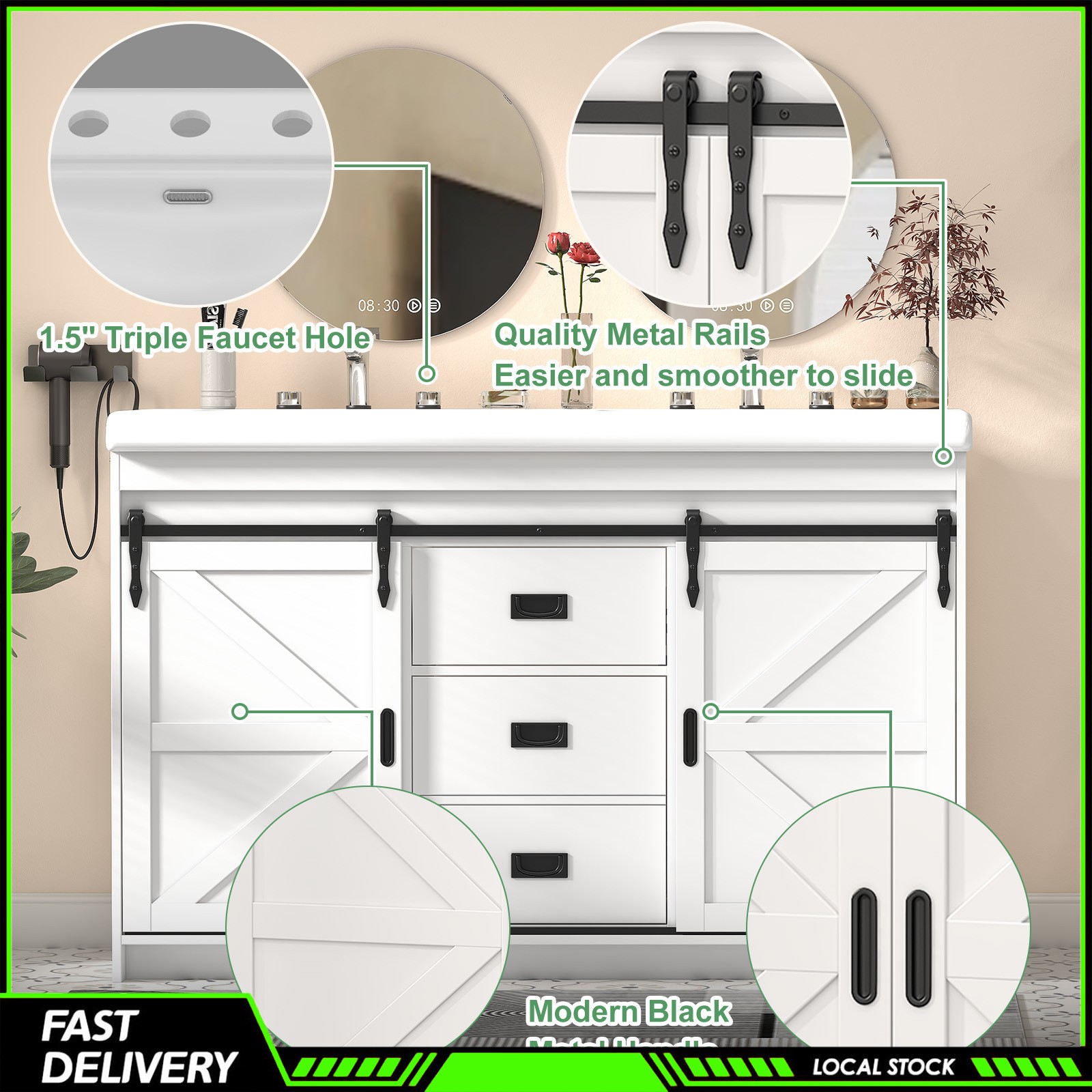 47” Bathroom Vanity &Double Sink Ceramic Basin Modern Storage Cabinet 3 Drawers