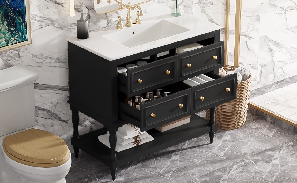 36″ Bathroom Vanity Cabinet with Sink Combo Set, 4 Drawers, Black
