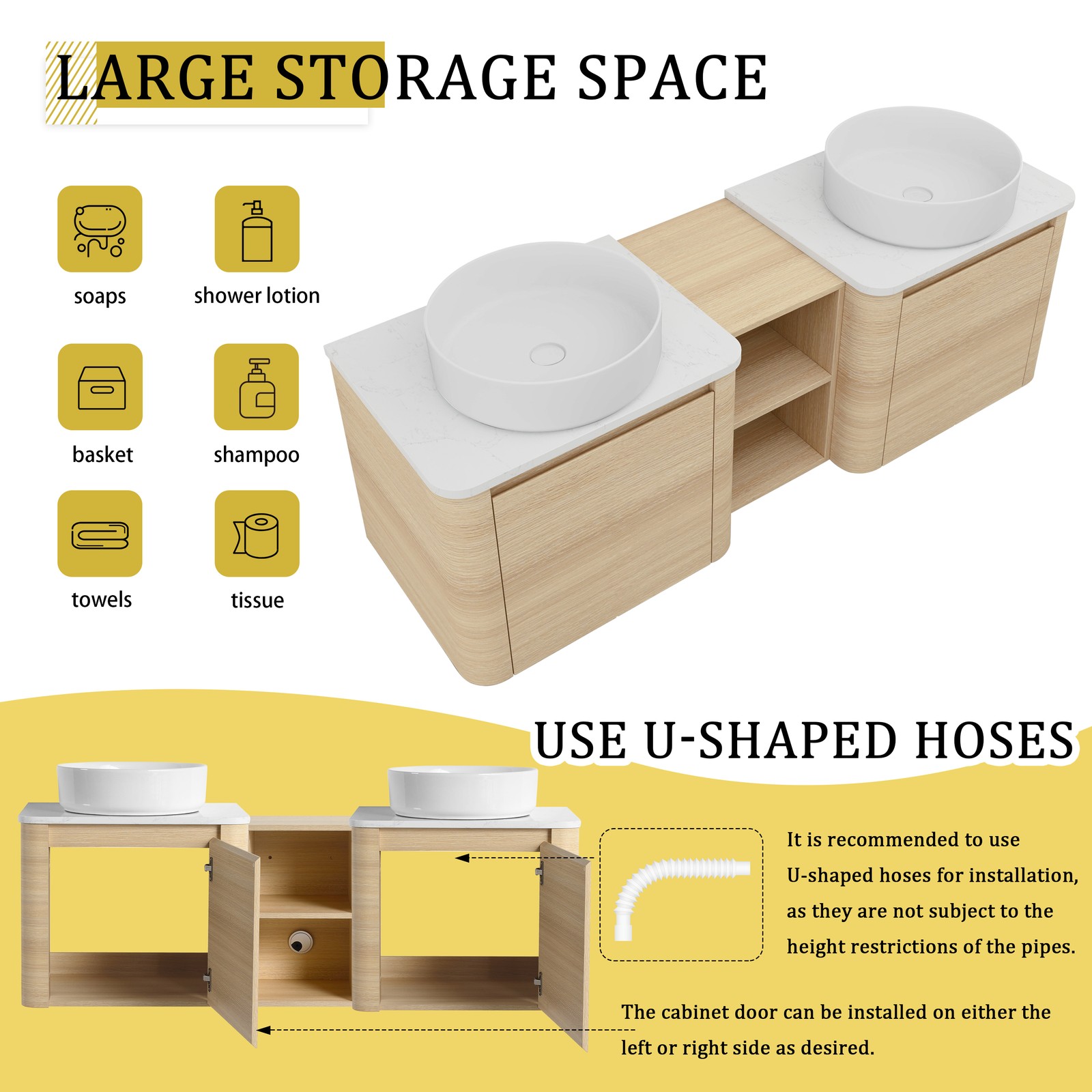 60 in Floating Bathroom Vanity Cabinet 2x White Ceramic Sink Basin +Open Shelves