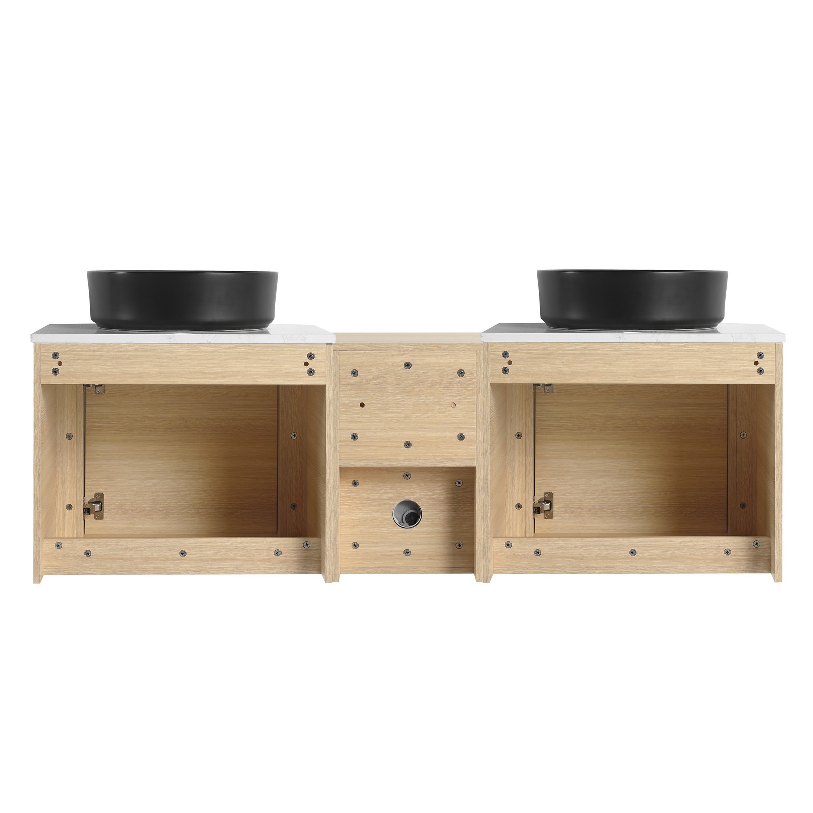 60 in Floating Bathroom Vanity Cabinet 2x Black Ceramic Sink Basin +Open Shelves