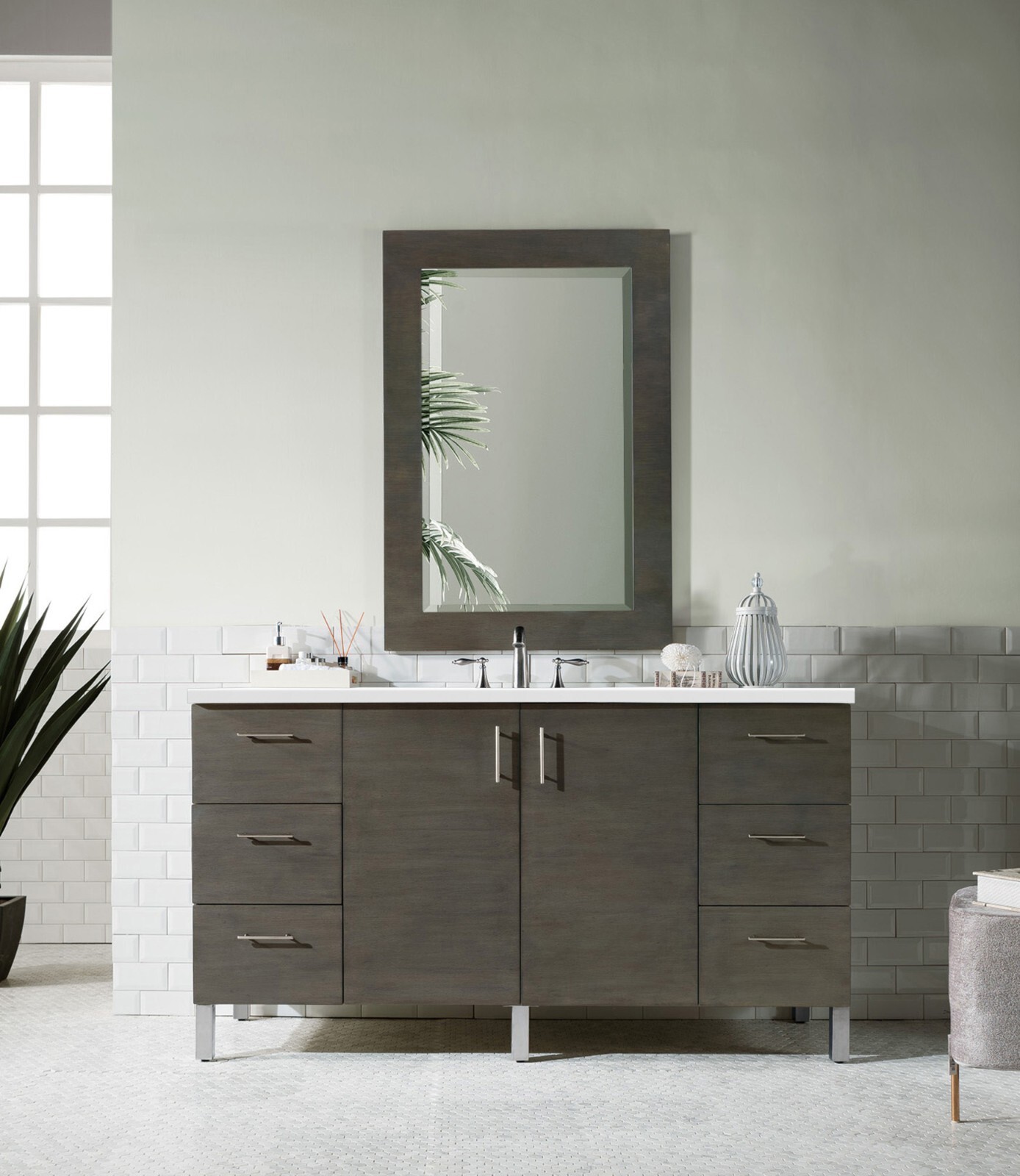 60″ James Martin Metropolitan Silver Oak Single Bathroom Vanity White Quartz Top