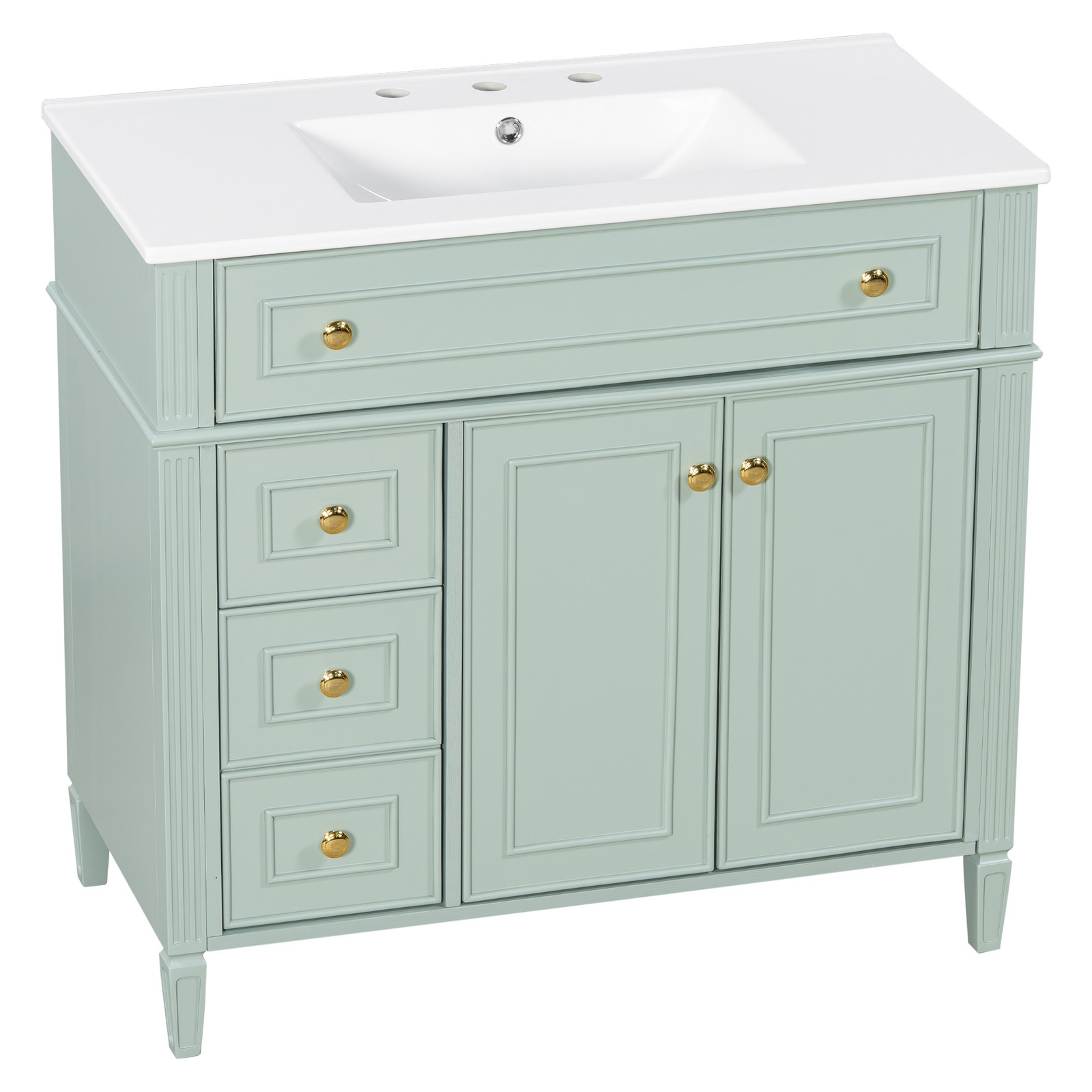 36 Inch Bathroom Vanity with Sink, Green Solid Wood Cabinet, Gold Handles