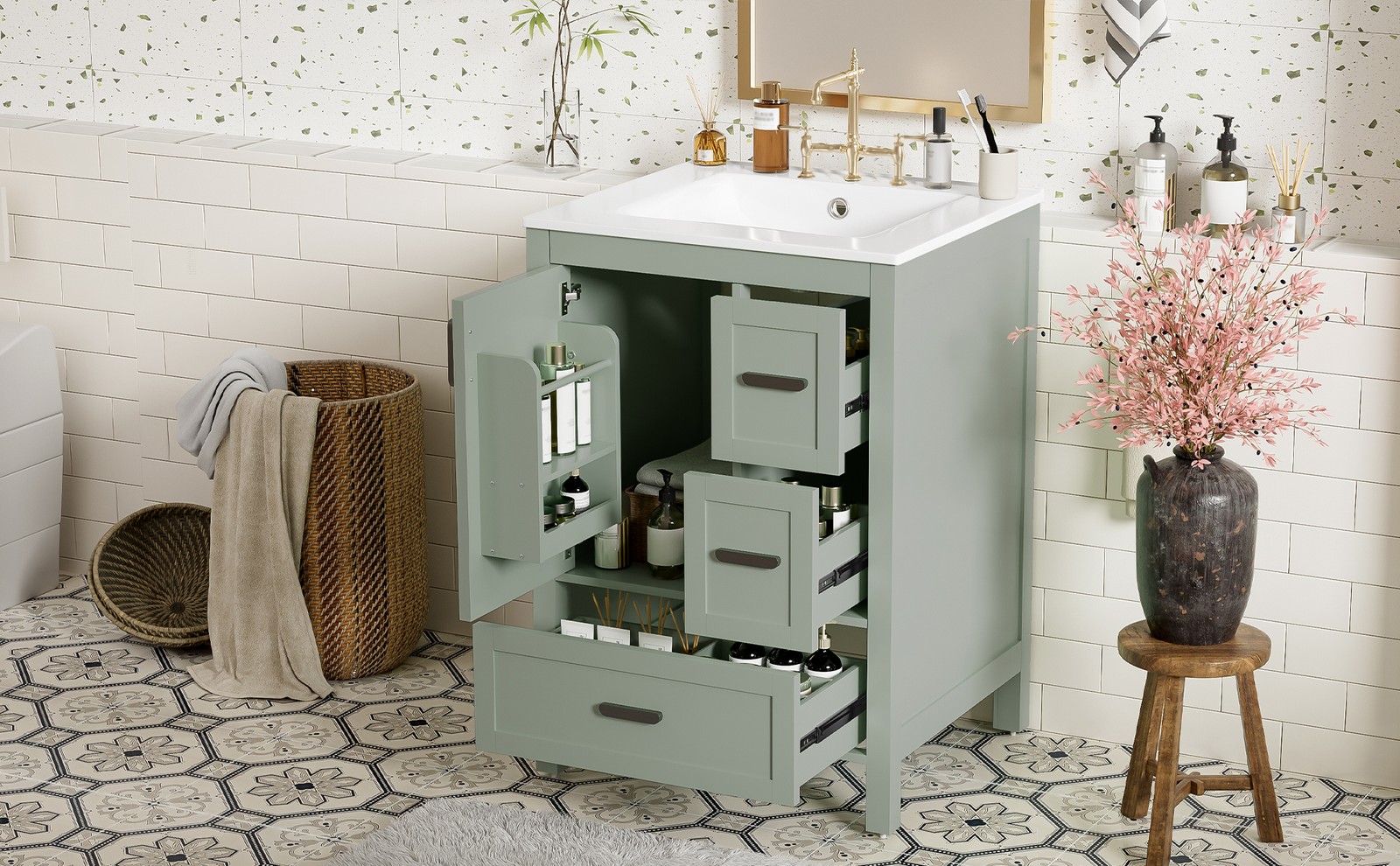 24″ Bathroom Vanity w/Ceramic Sink Modern Freestanding Vanity Cabinet w/3 Doors
