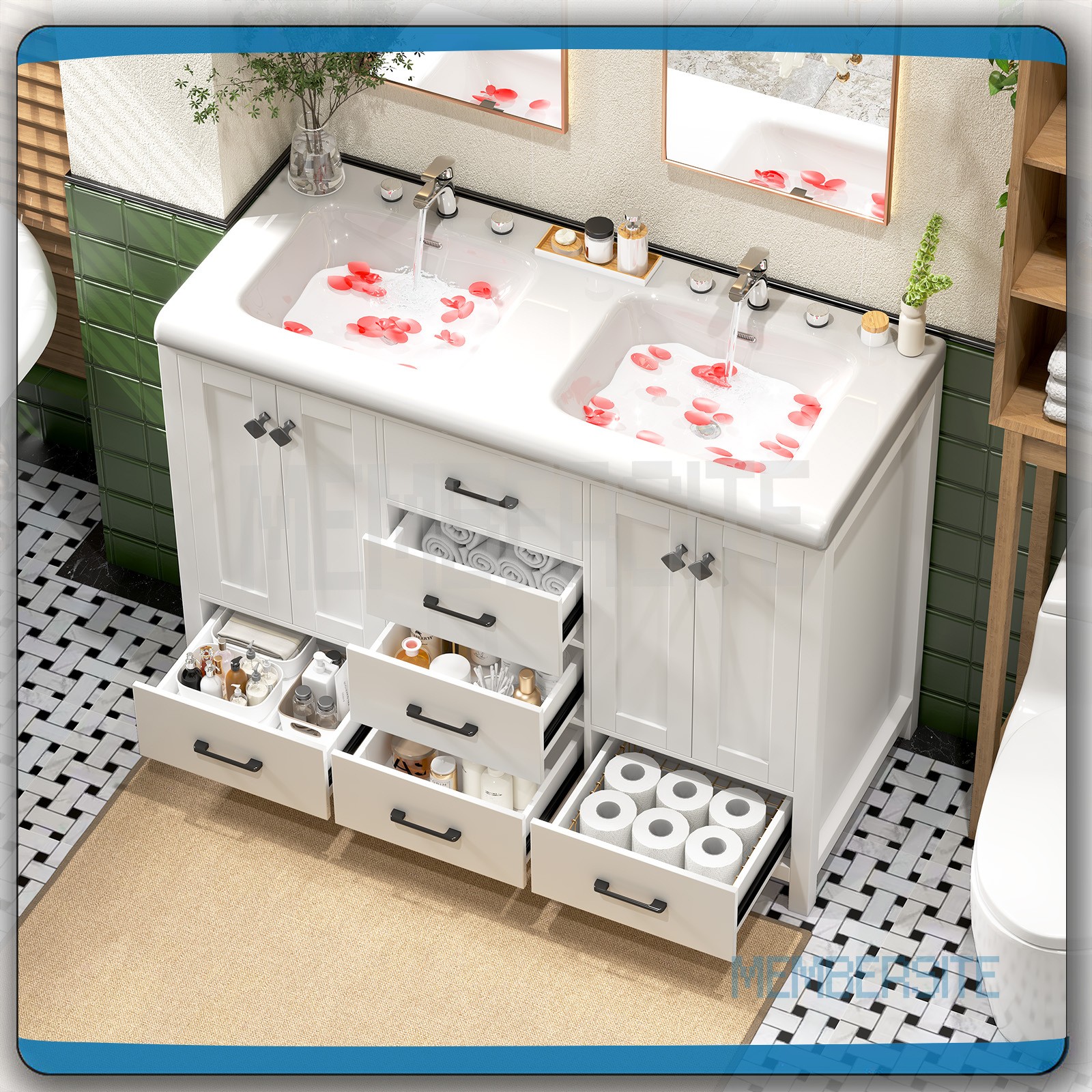 47.3″ Bathroom Vanity w/Double Ceramic Sinks Cabinet and 5 Drawers Freestanding