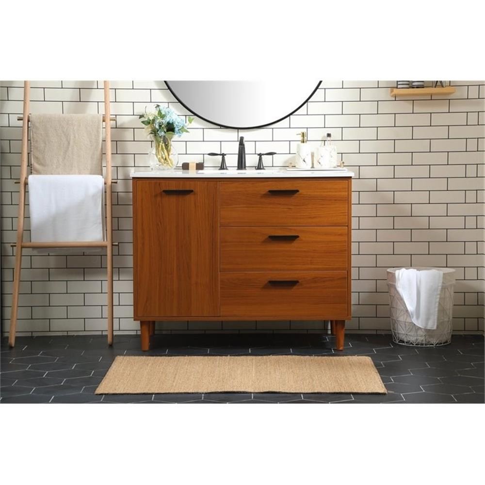 Pemberly Row Modern 42″ Solid Wood and MDF Bathroom Vanity in Teak