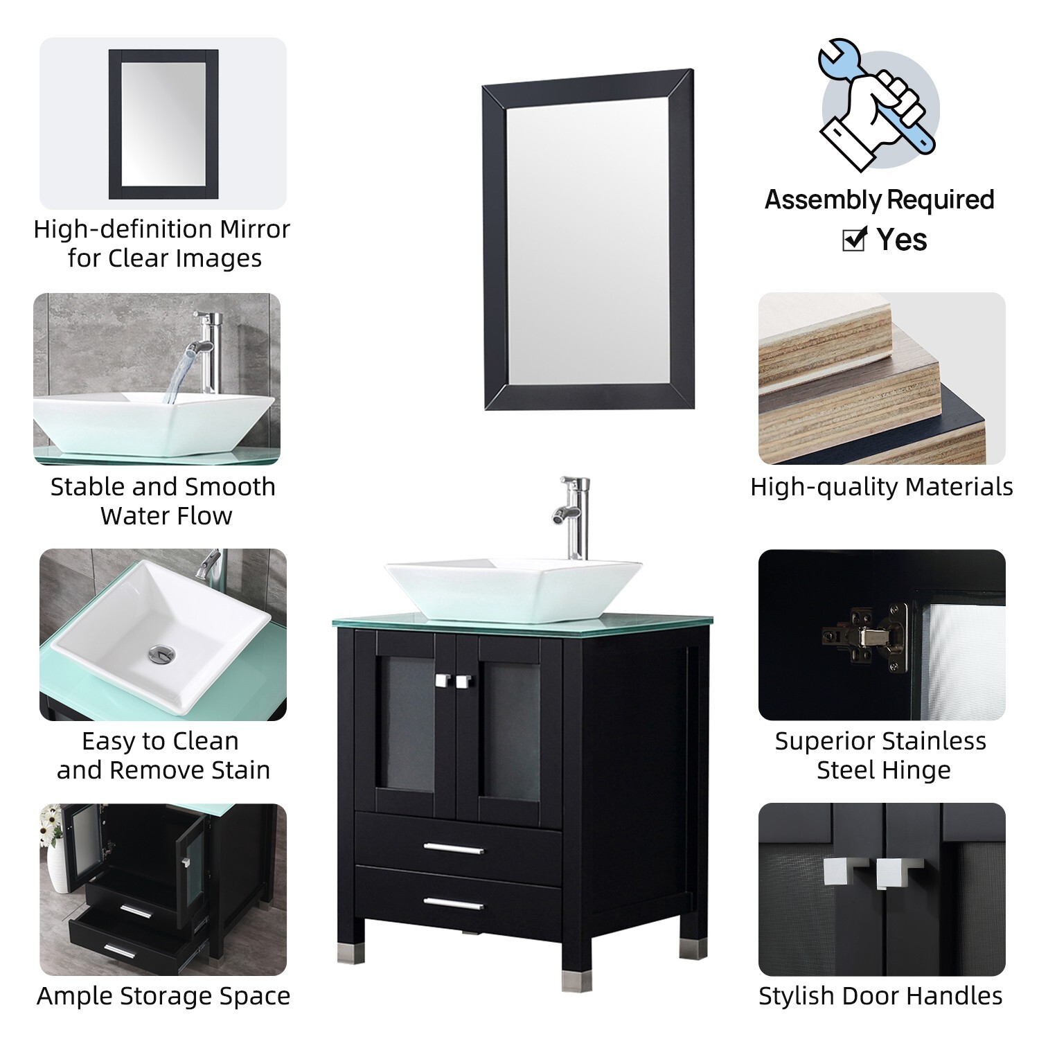 24” Single Black Bathroom Vanity Cabinet Ceramic Vessel Sink w/ Faucet Mirror