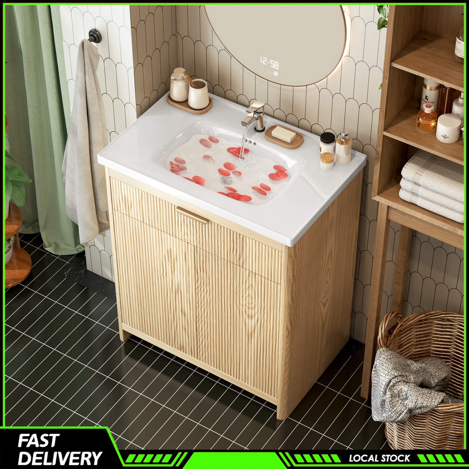 31″ Bathroom Vanity with Ceramic Sink, Modern Storage Cabinet w/ Doors & Drawers