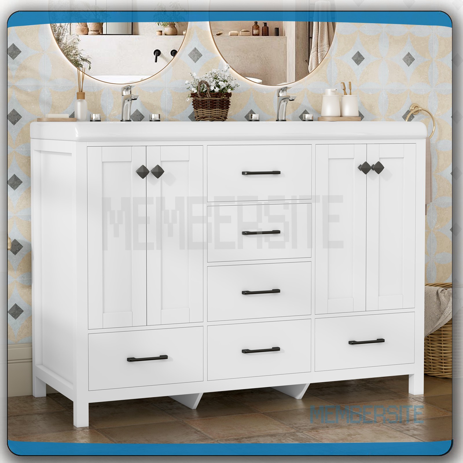 Bathroom Vanity 47.3″ Double Sink Ceramic Freestanding Cabinet Wood Grain White