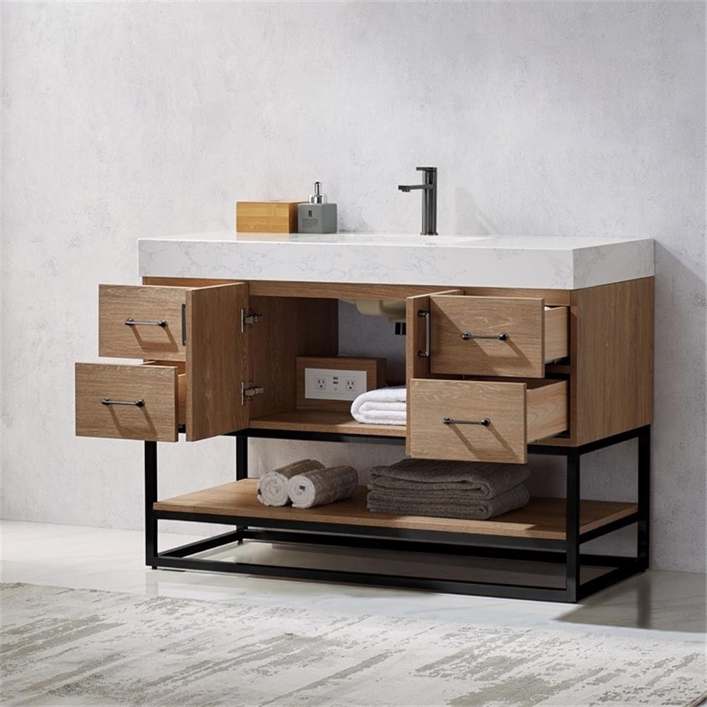 Pemberly Row 48″ White Stone Top Oak Single Vanity Black Frame w/o Mirror