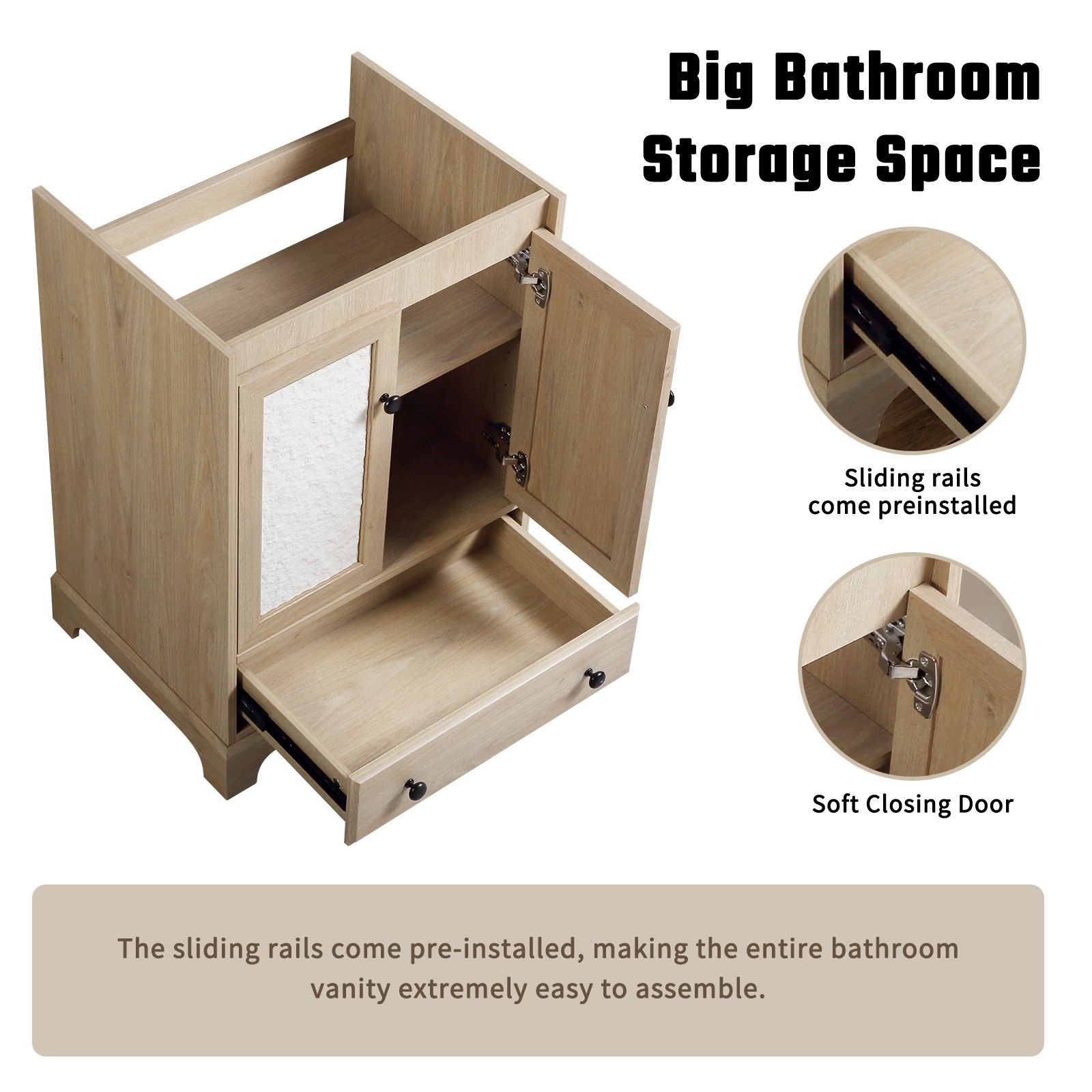 Brown Modern Bath Vanity w/ Porcelain Sink, Soft Close Drawer, Free Standing