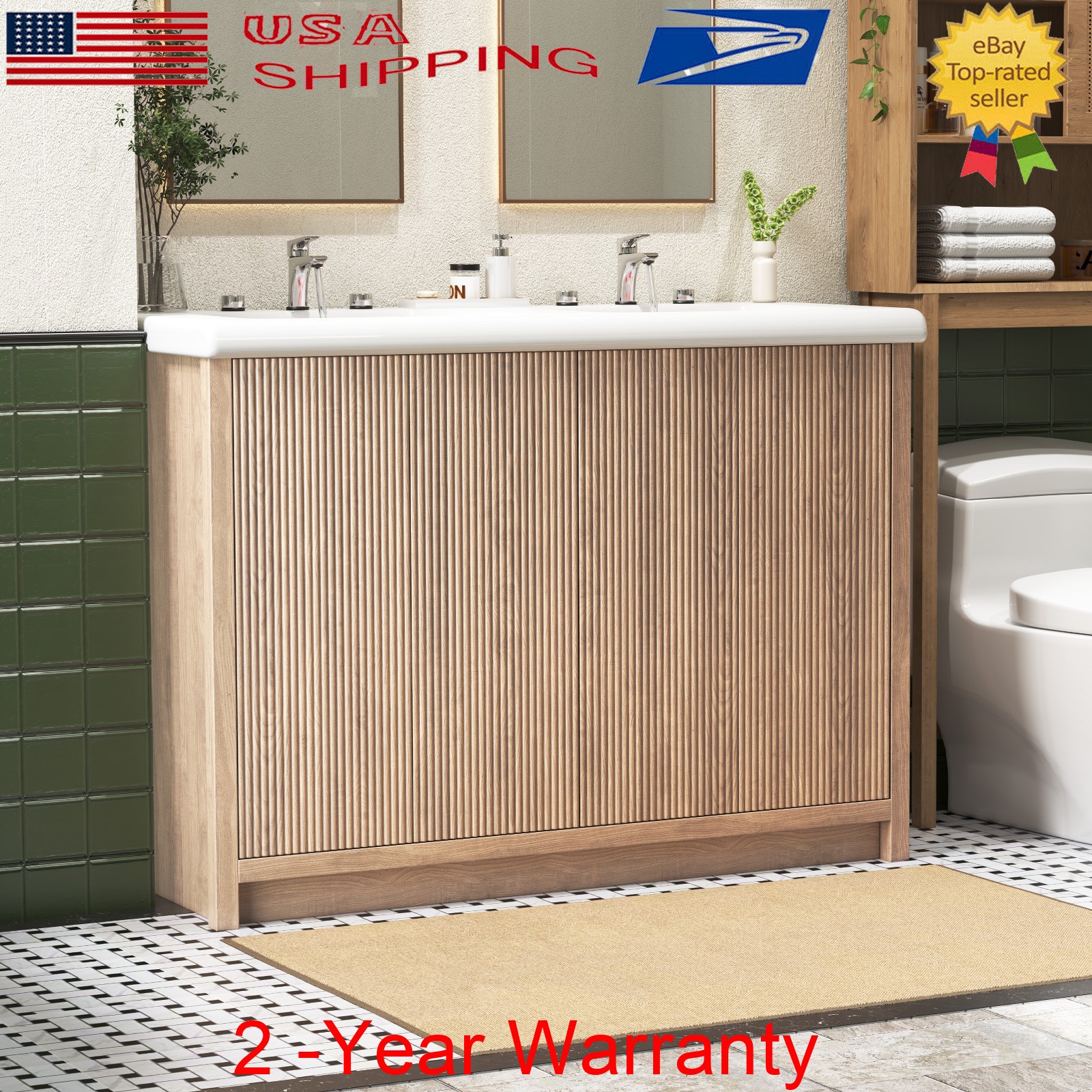 47.3″ Bathroom Vanity Set Double Sink Ceramic Freestanding Cabinet Wood Grain