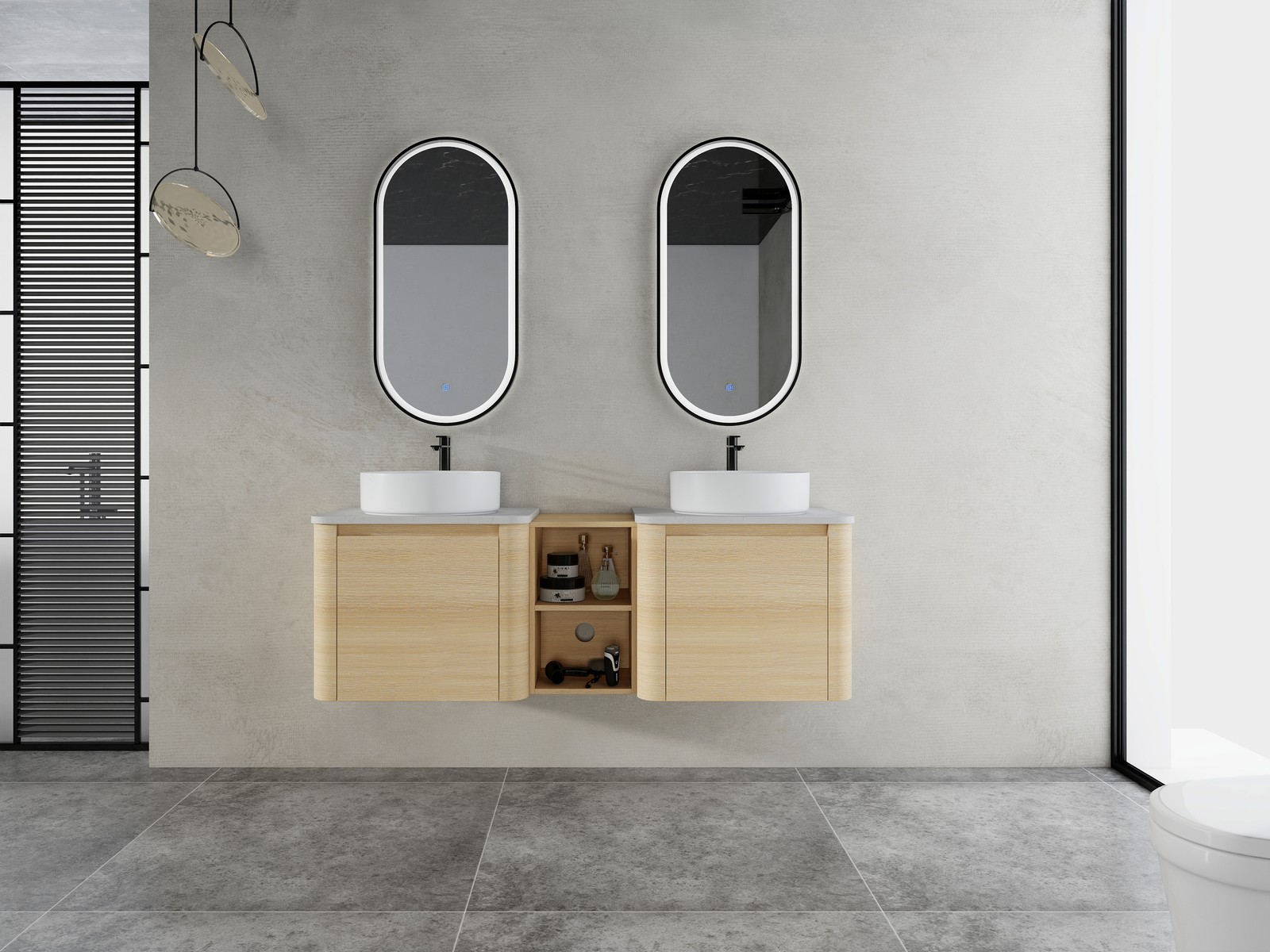 60 in Floating Bathroom Vanity Cabinet 2x White Ceramic Sink Basin +Open Shelves