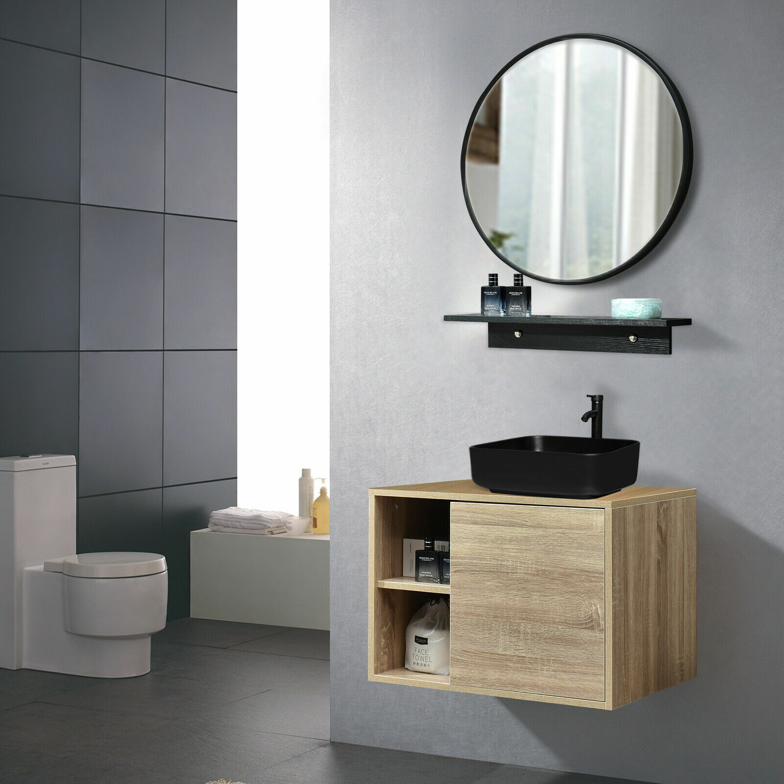 24 In Wall Mounted Bathroom Vanity Set with Vessel Sink Mirror Shelf Combo New