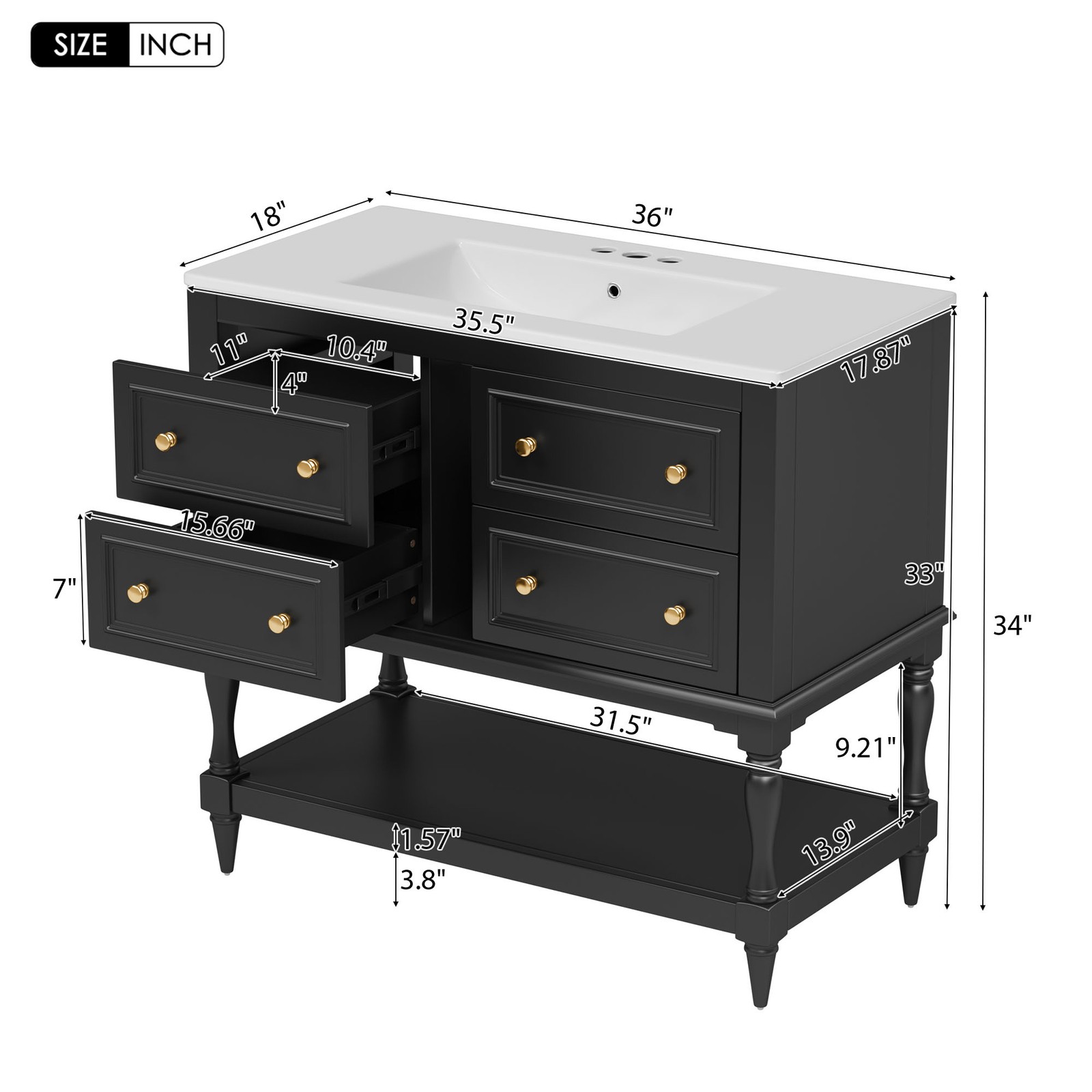 36″ Bathroom Vanity Cabinet with Sink Combo Set, 4 Drawers, Black