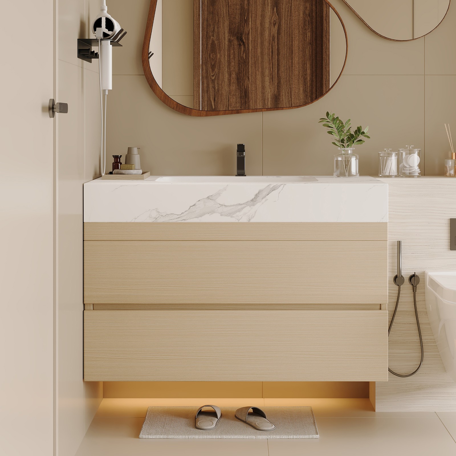 29.9″ Modern Floating Bathroom Vanity with Faux Marble Top and Ceramic Sink